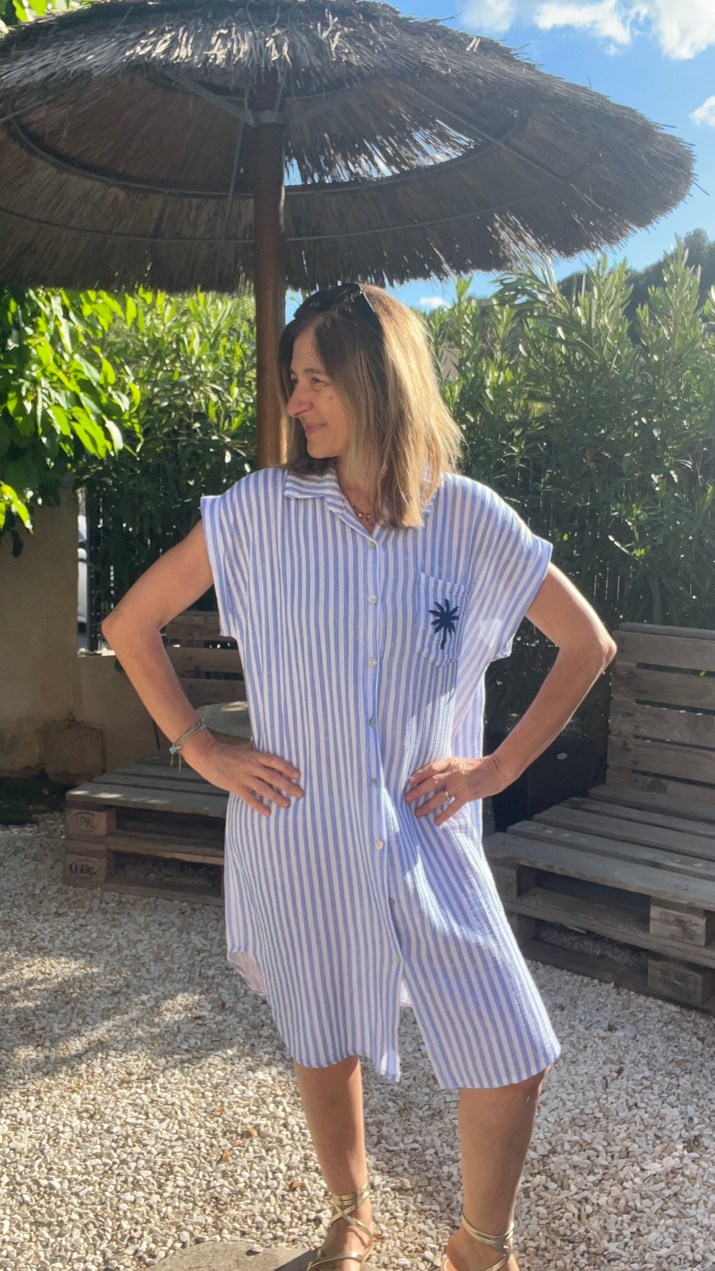 ROBE CHEMISE RAYEE BLEU/BLANC GAZE DE COTON