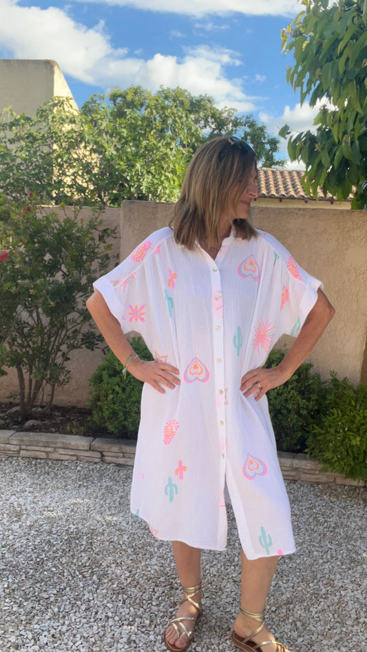 ROBE CHEMISE BLANCHE & INSCRIPTIONS FLUOS GAZE DE COTON