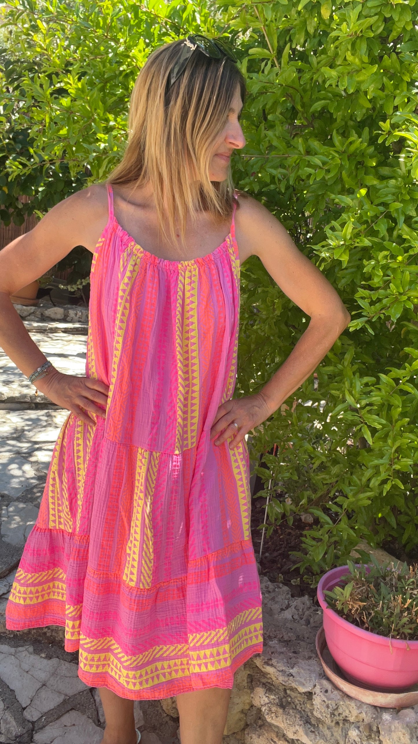ROBE ROSE/JAUNE GAZE DE COTON