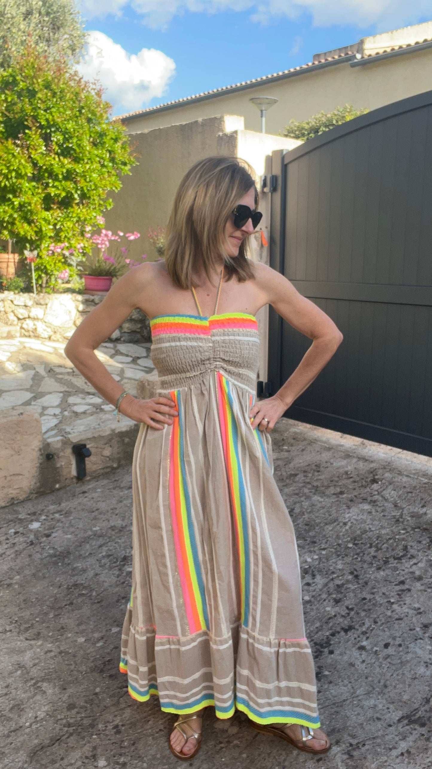 Robe bustier beige & fluo