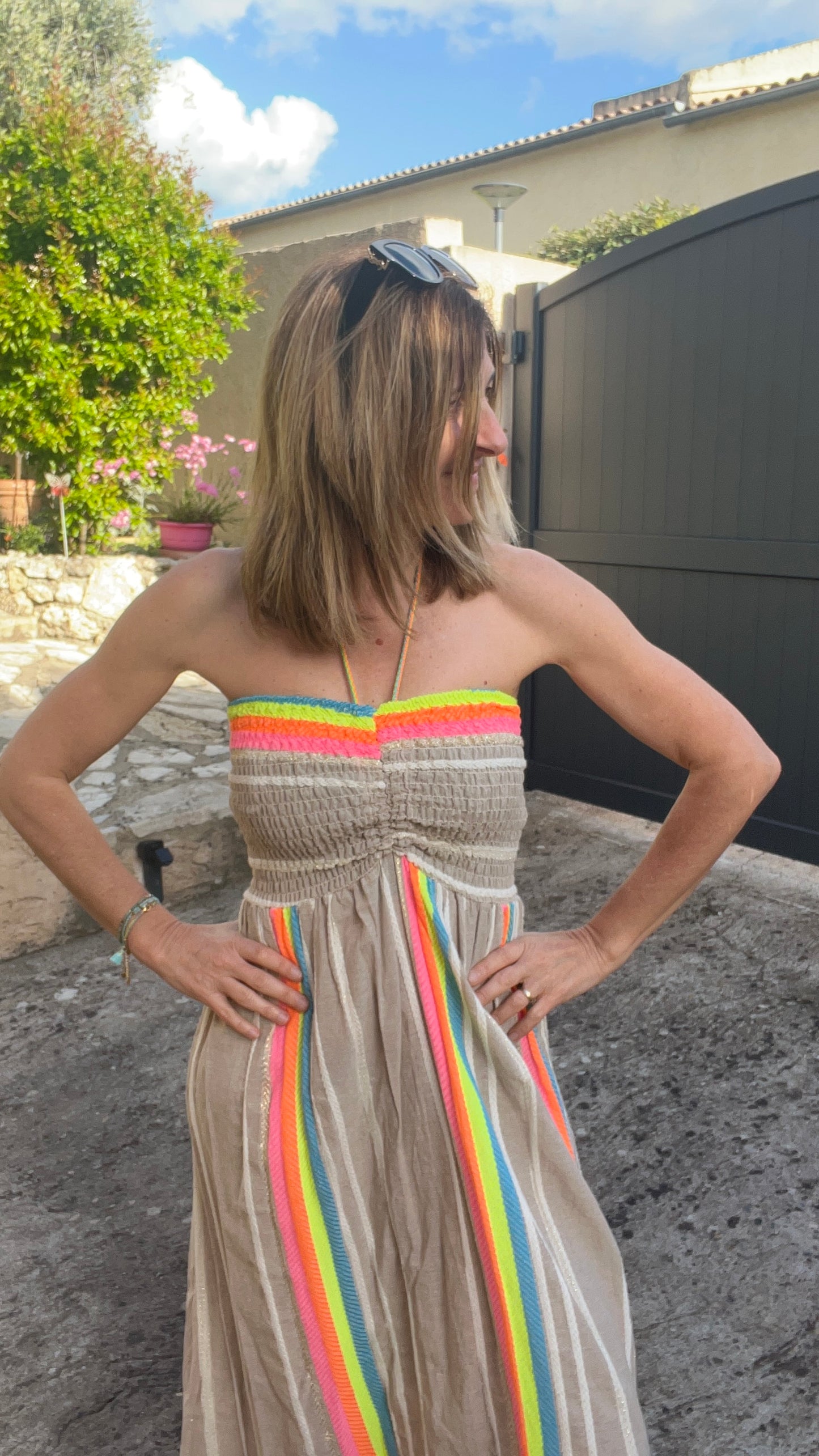 Robe bustier beige & fluo