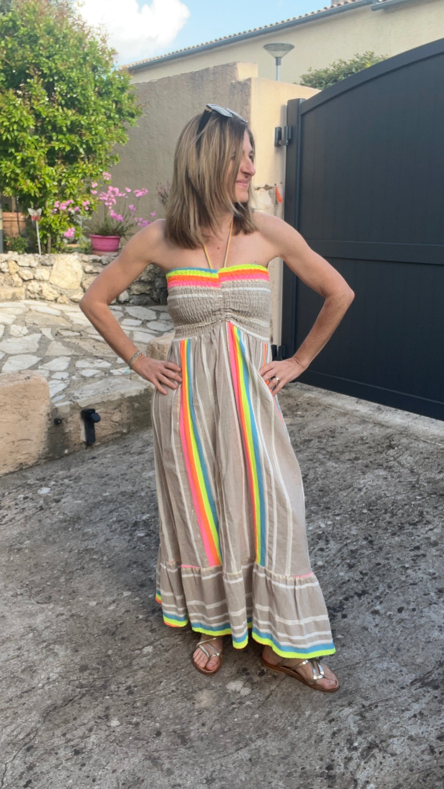Robe bustier beige & fluo