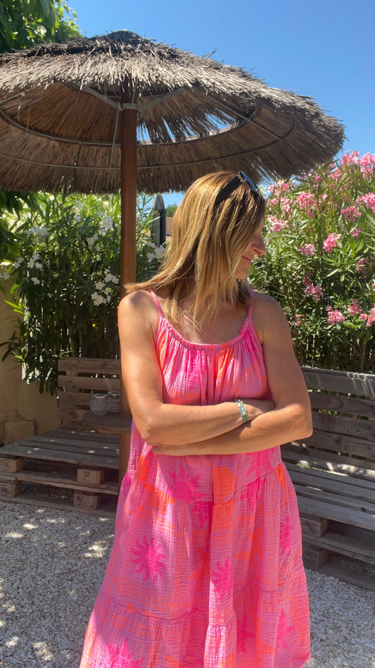 ROBE ROSE GAZE DE COTON COQUILLAGES FLUOS