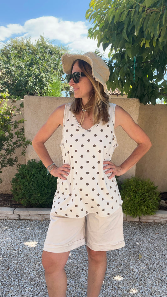 DEBARDEUR BEIGE/CHOCOLAT  A POIS