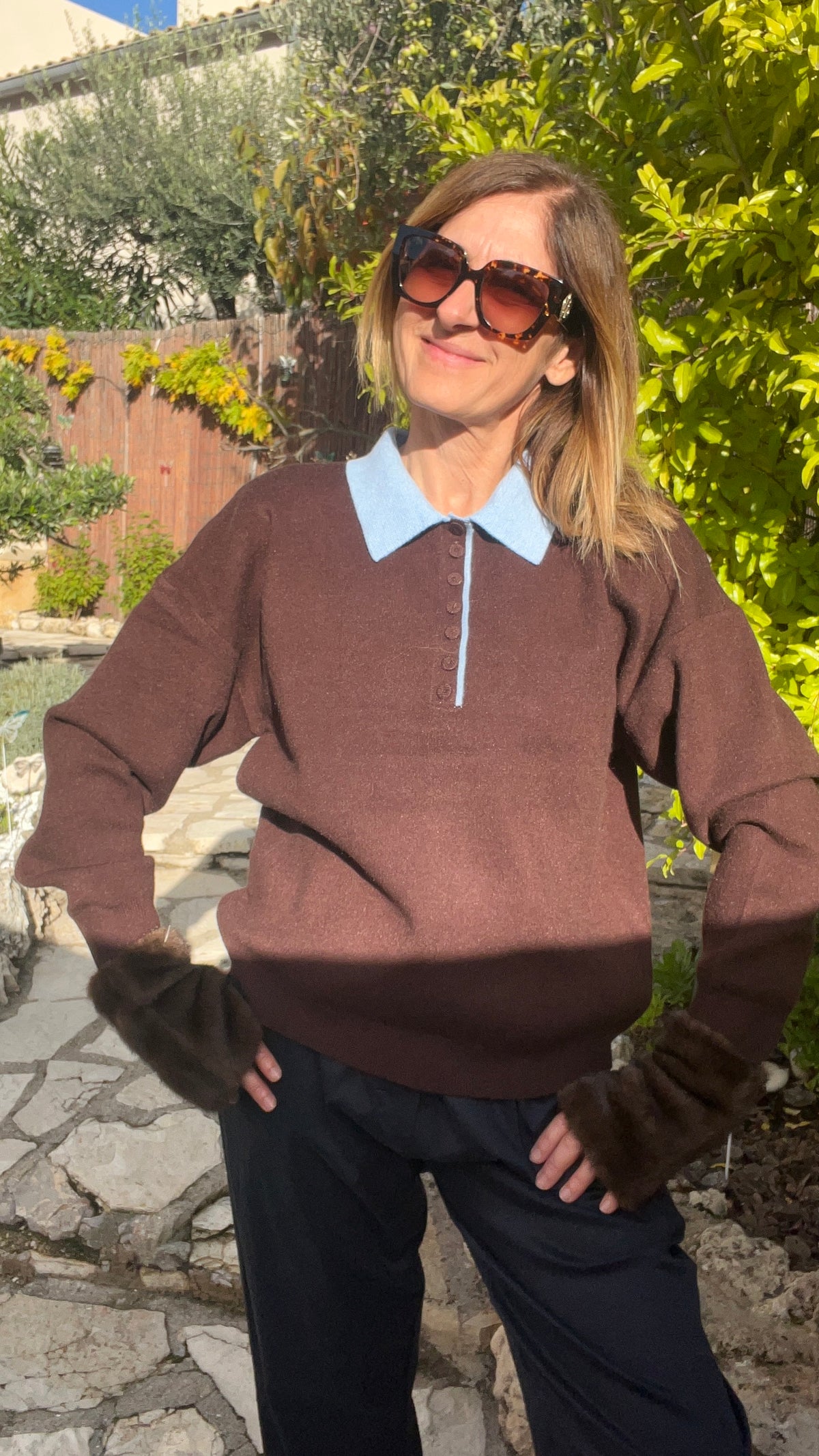 PULL CHOCOLAT/BLEU CLAIR COL POLO