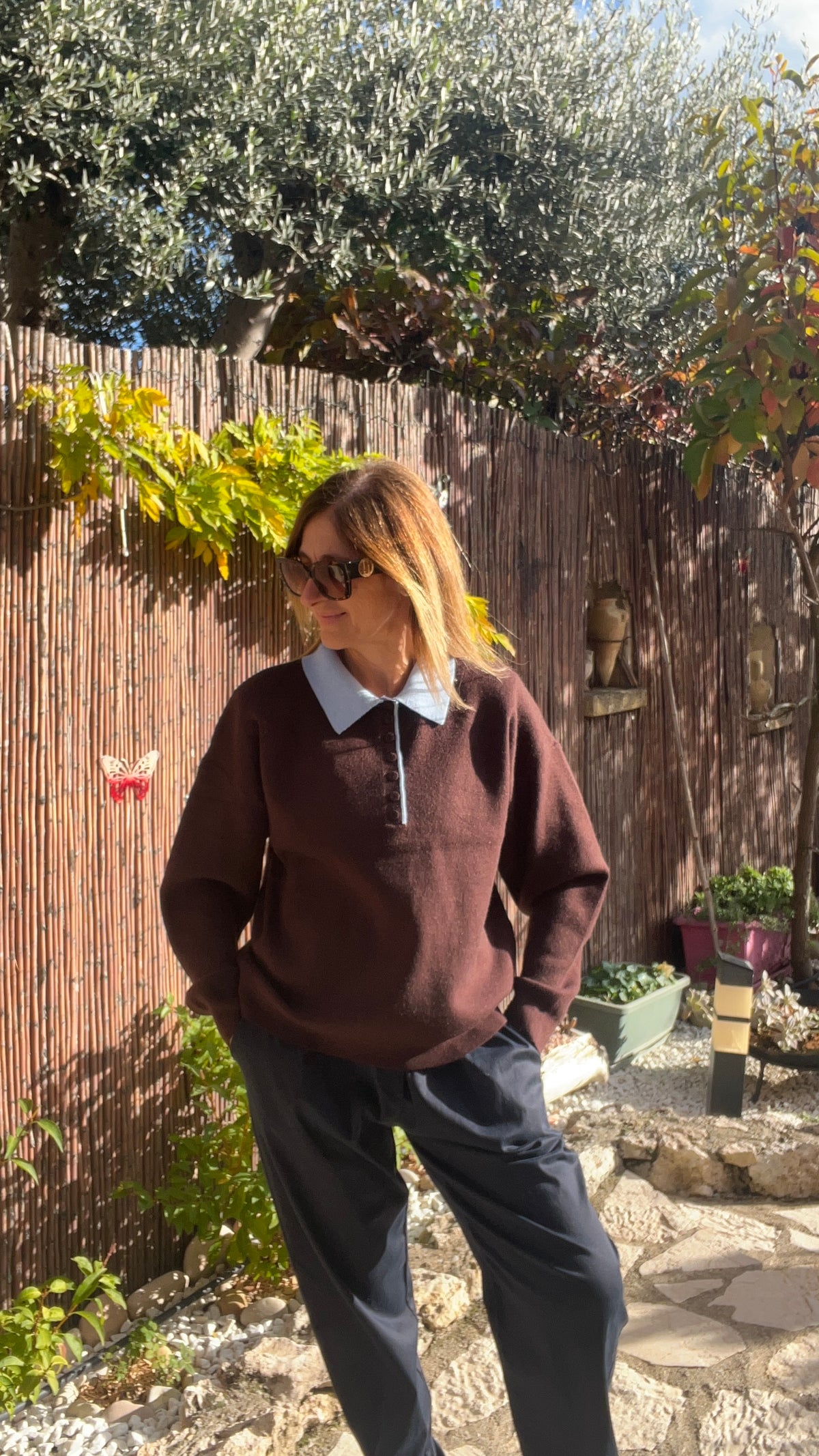 PULL CHOCOLAT/BLEU CLAIR COL POLO
