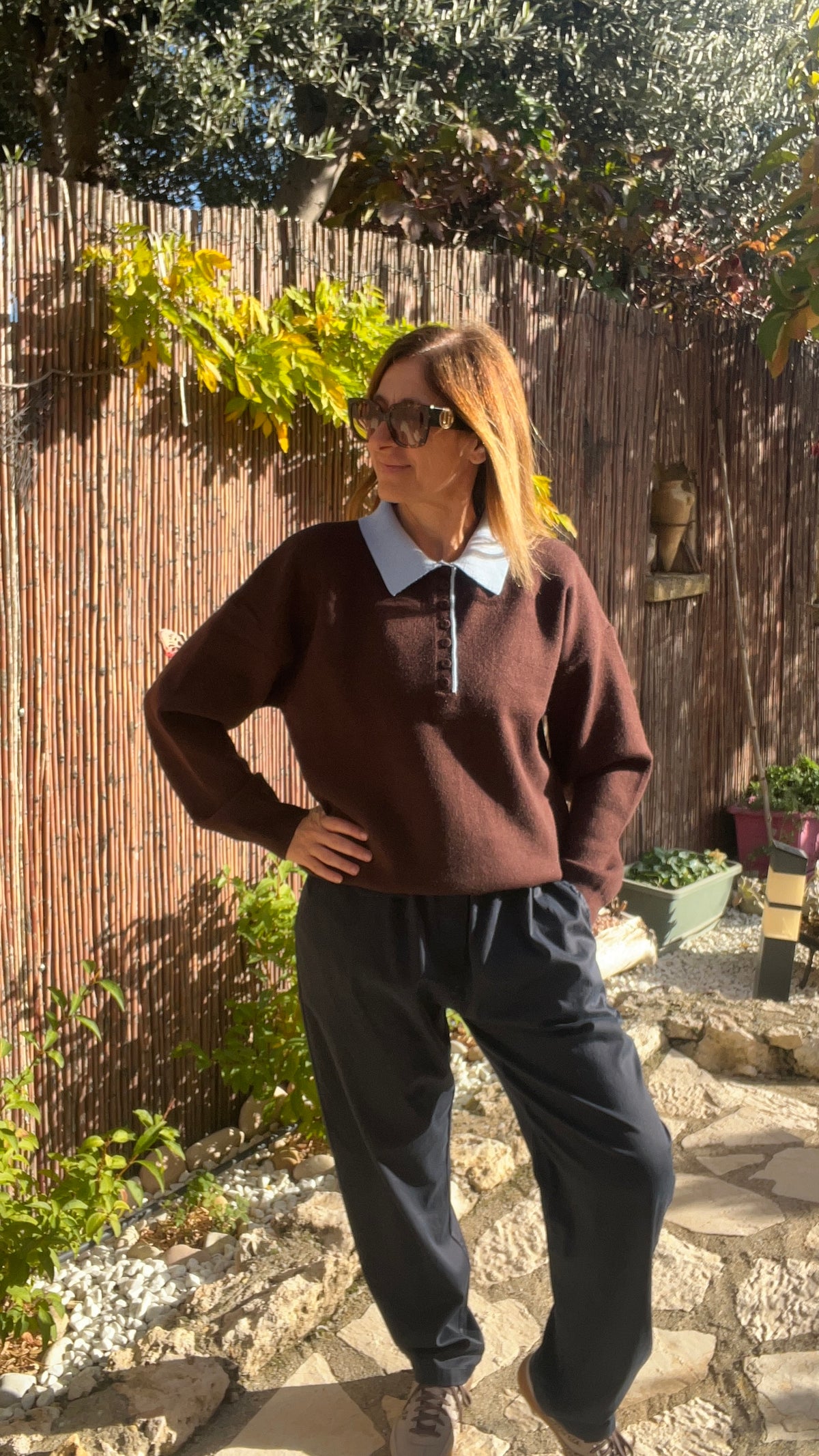 PULL CHOCOLAT/BLEU CLAIR COL POLO