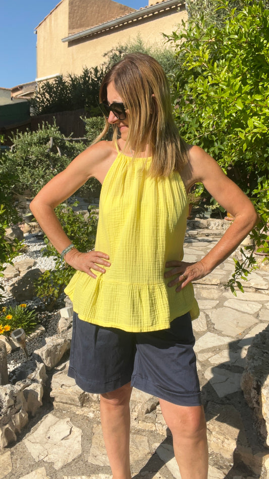TOP JAUNE PETITES BRETELLES GAZE DE COTON