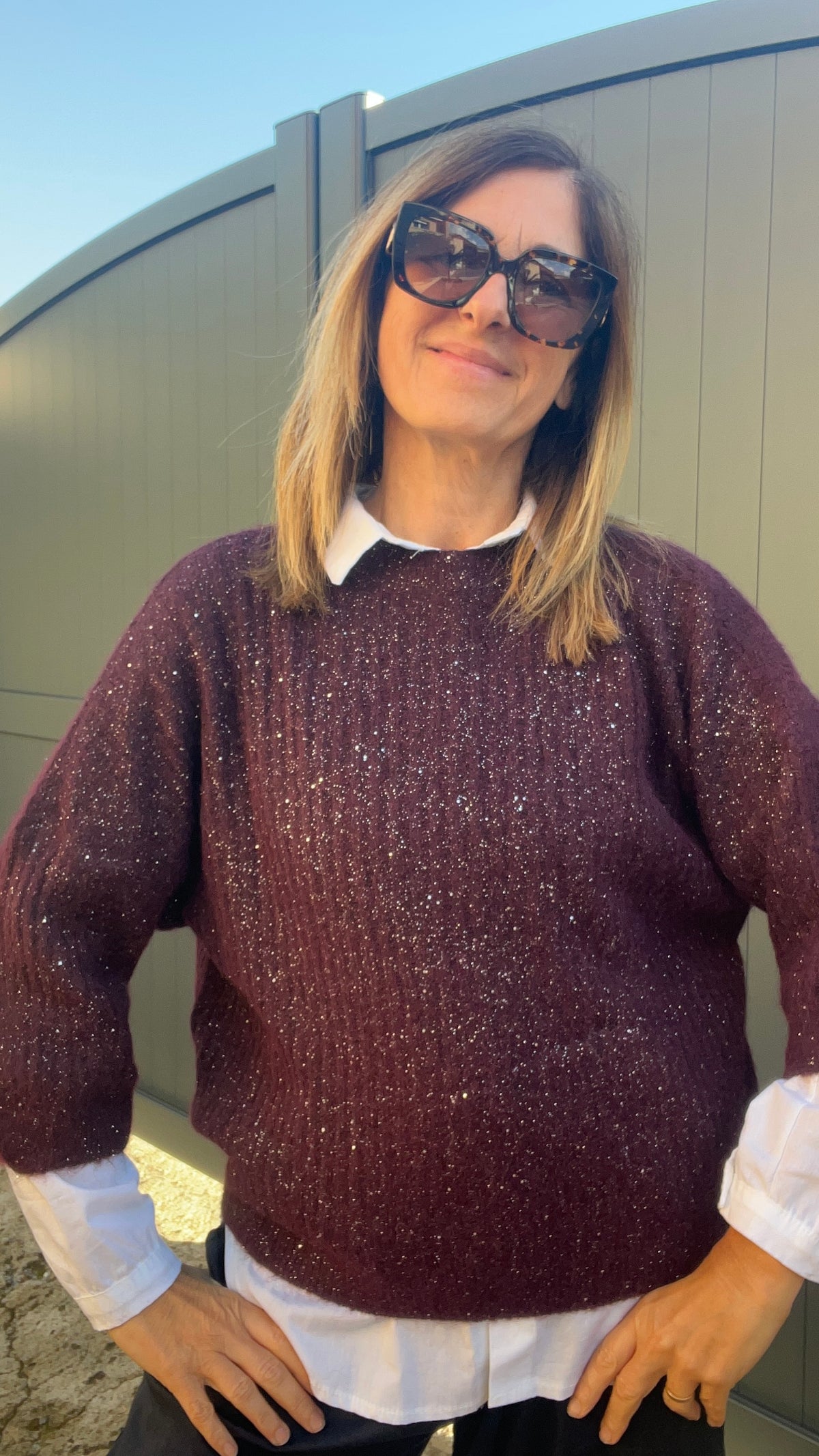 PULL BORDEAUX/PAILLETÉ MANCHES 3/4