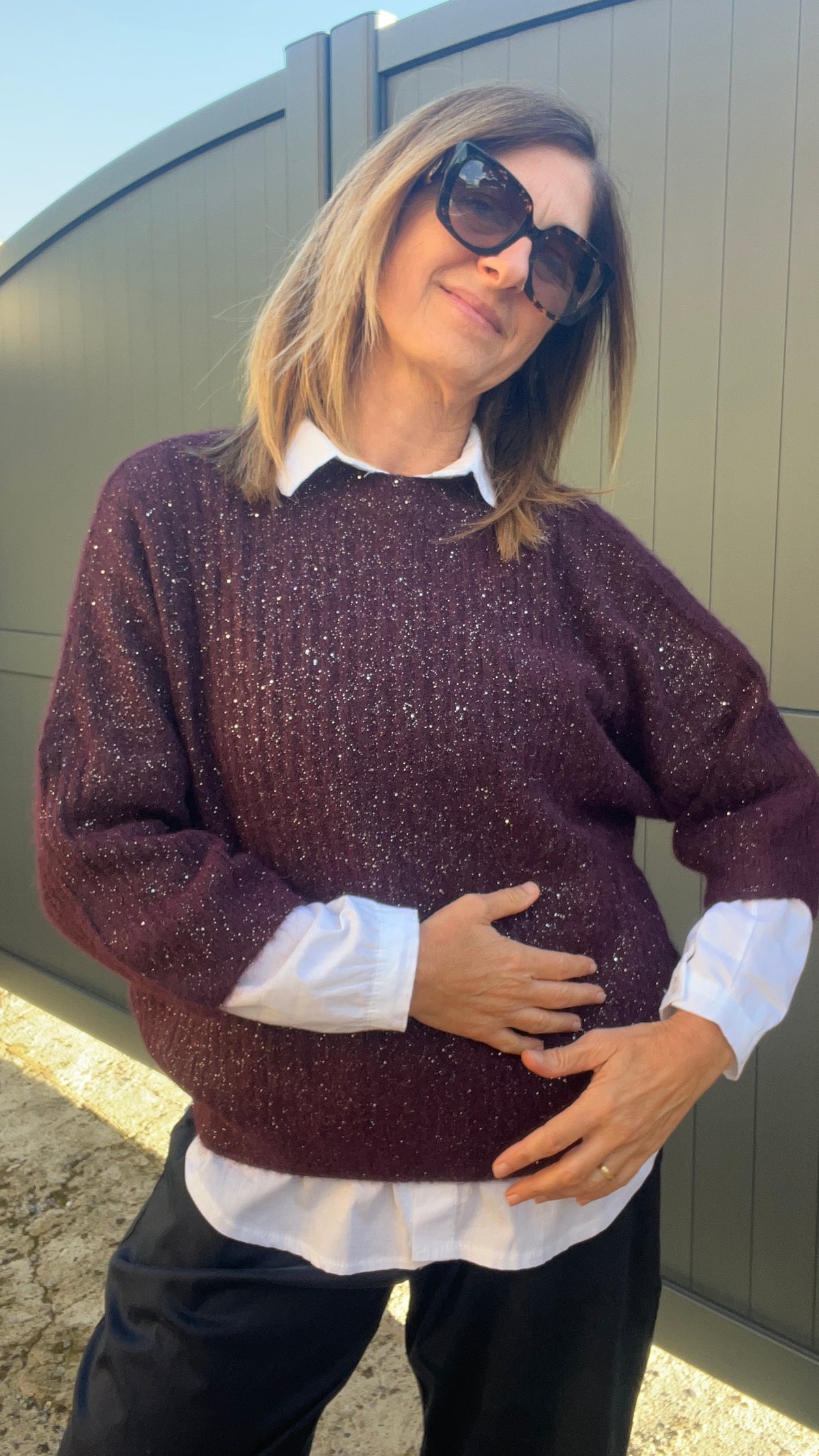 PULL BORDEAUX/PAILLETÉ MANCHES 3/4