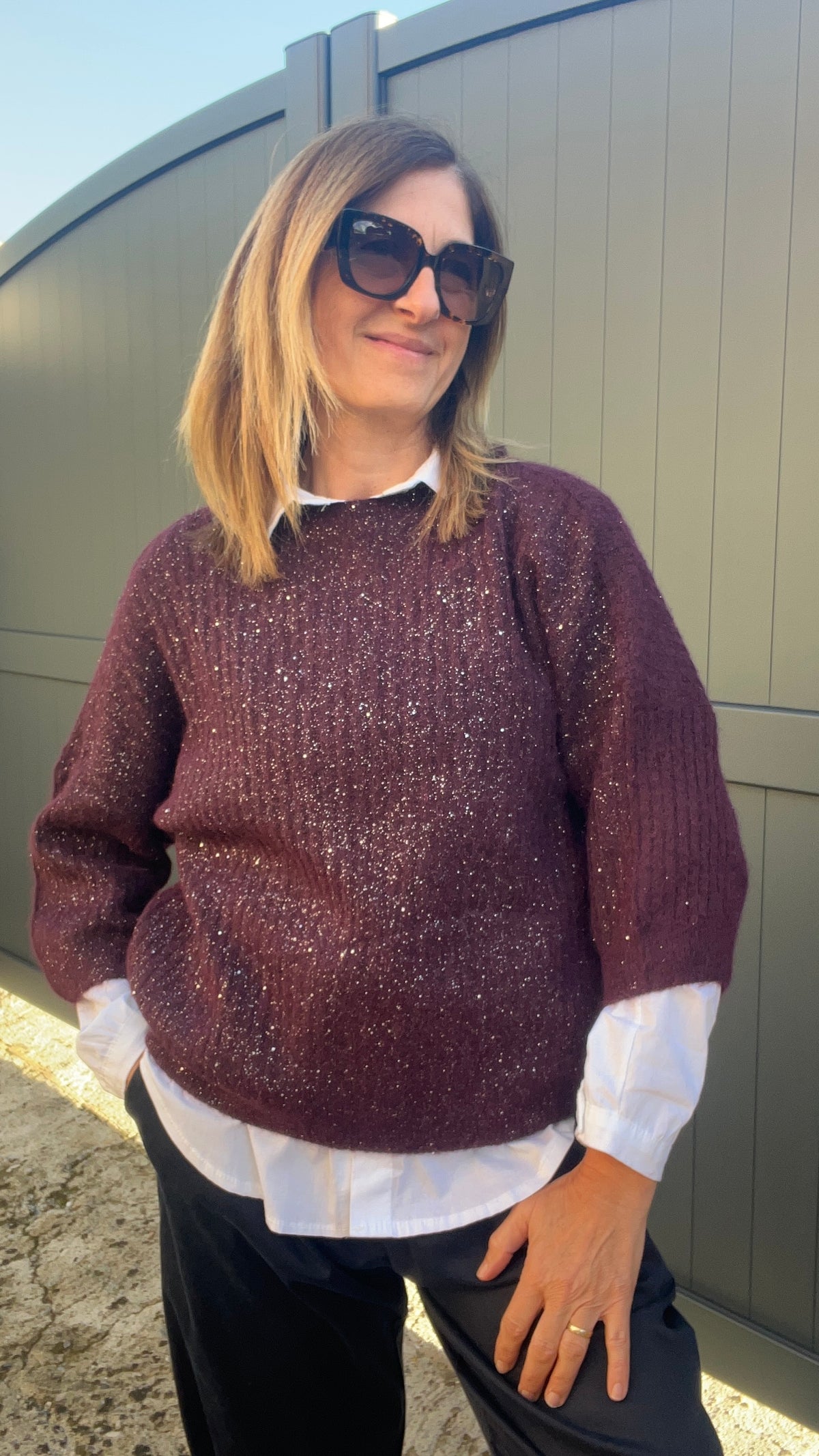 PULL BORDEAUX/PAILLETÉ MANCHES 3/4