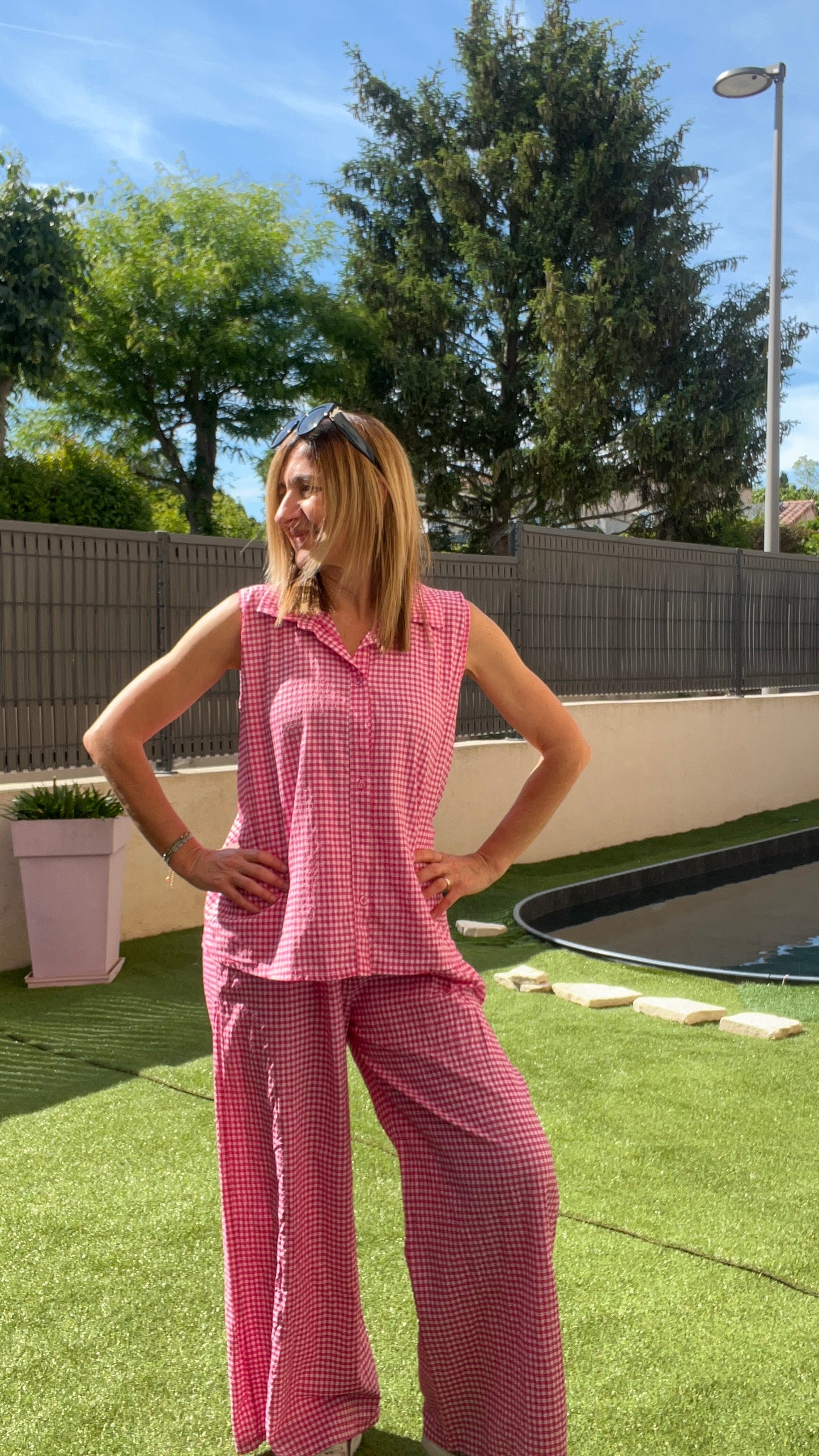 PANTALON ROSE VIF VICHY