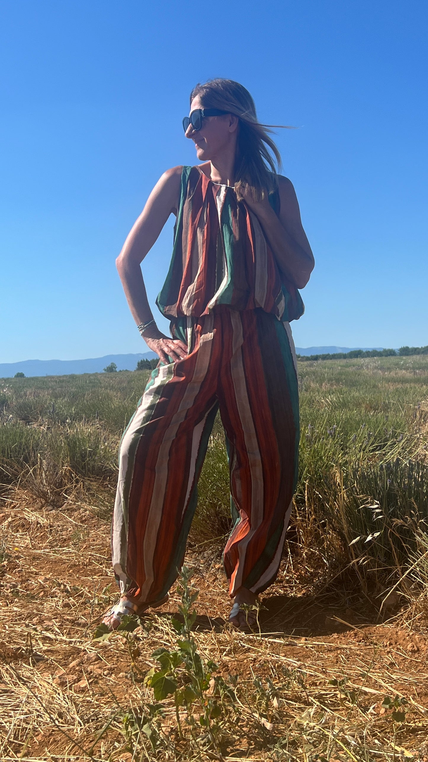 ENSEMBLE PANTALON RAYE ALADIN VERT/TERRA COTTA/BEIGE/CHOCOLAT
