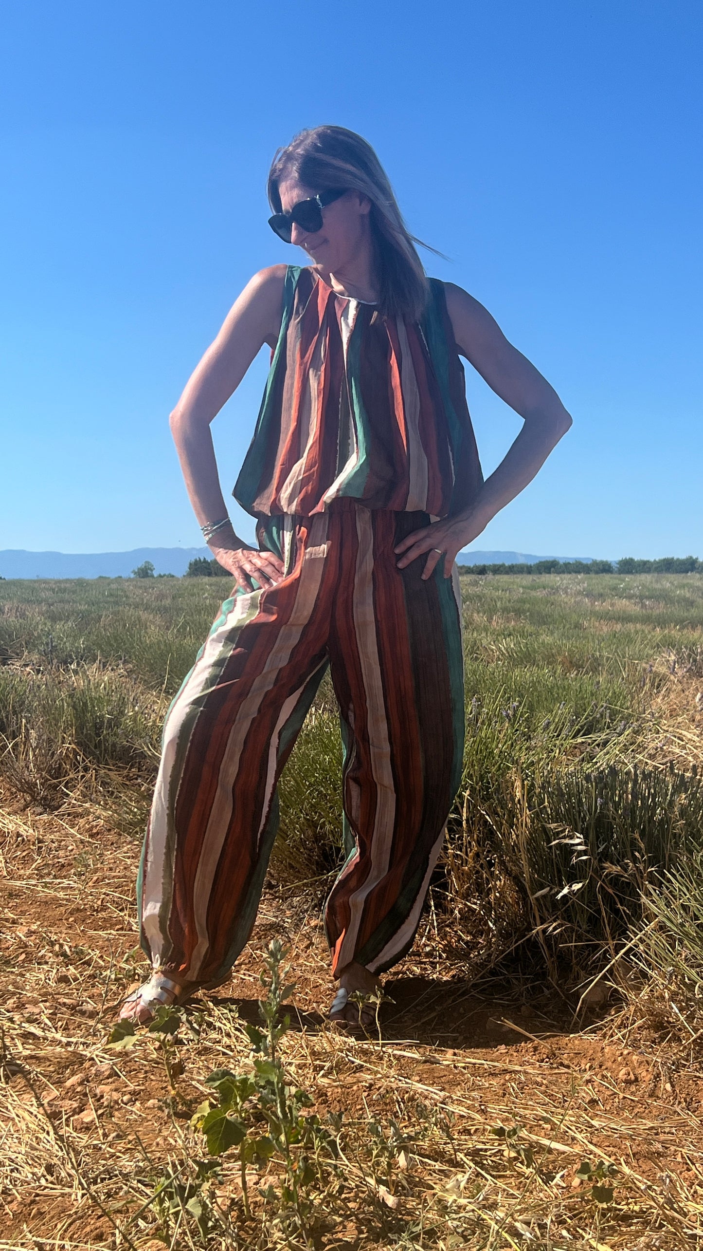 ENSEMBLE PANTALON RAYE ALADIN VERT/TERRA COTTA/BEIGE/CHOCOLAT