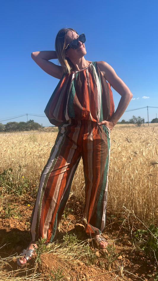 ENSEMBLE PANTALON RAYE ALADIN VERT/TERRA COTTA/BEIGE/CHOCOLAT