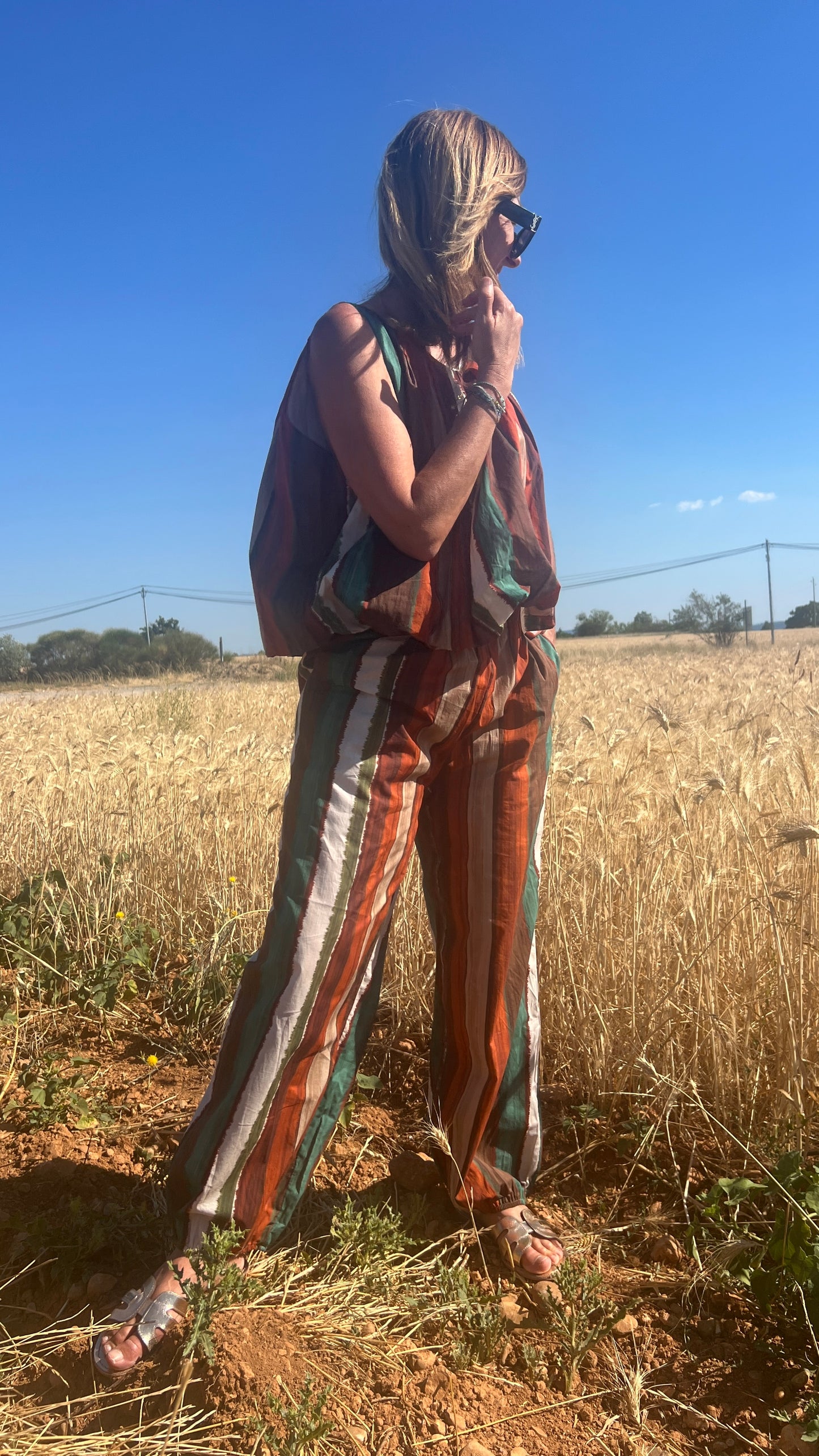 ENSEMBLE PANTALON RAYE ALADIN VERT/TERRA COTTA/BEIGE/CHOCOLAT