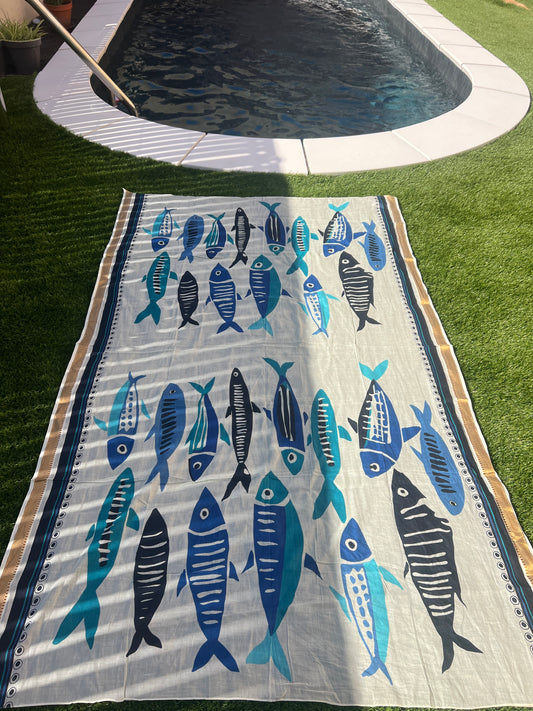 PAREO  BEIGE/BLEU/TURQUOISE/NOIR INSCRIPTIONS POISSONS
