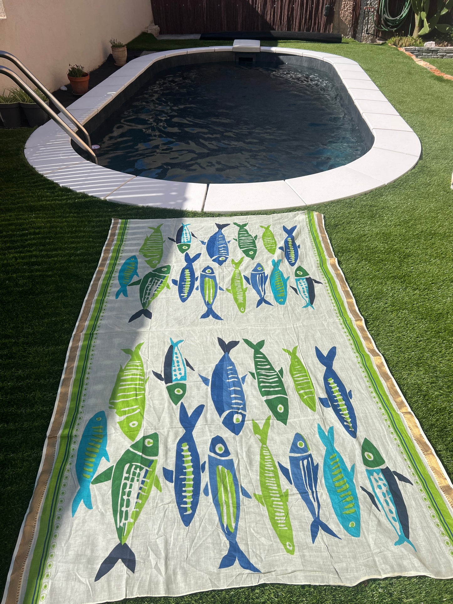 PAREO BEIGE/BLEU & VERT TURQUOISE/VERT ANIS INSCRIPTIONS POISSONS