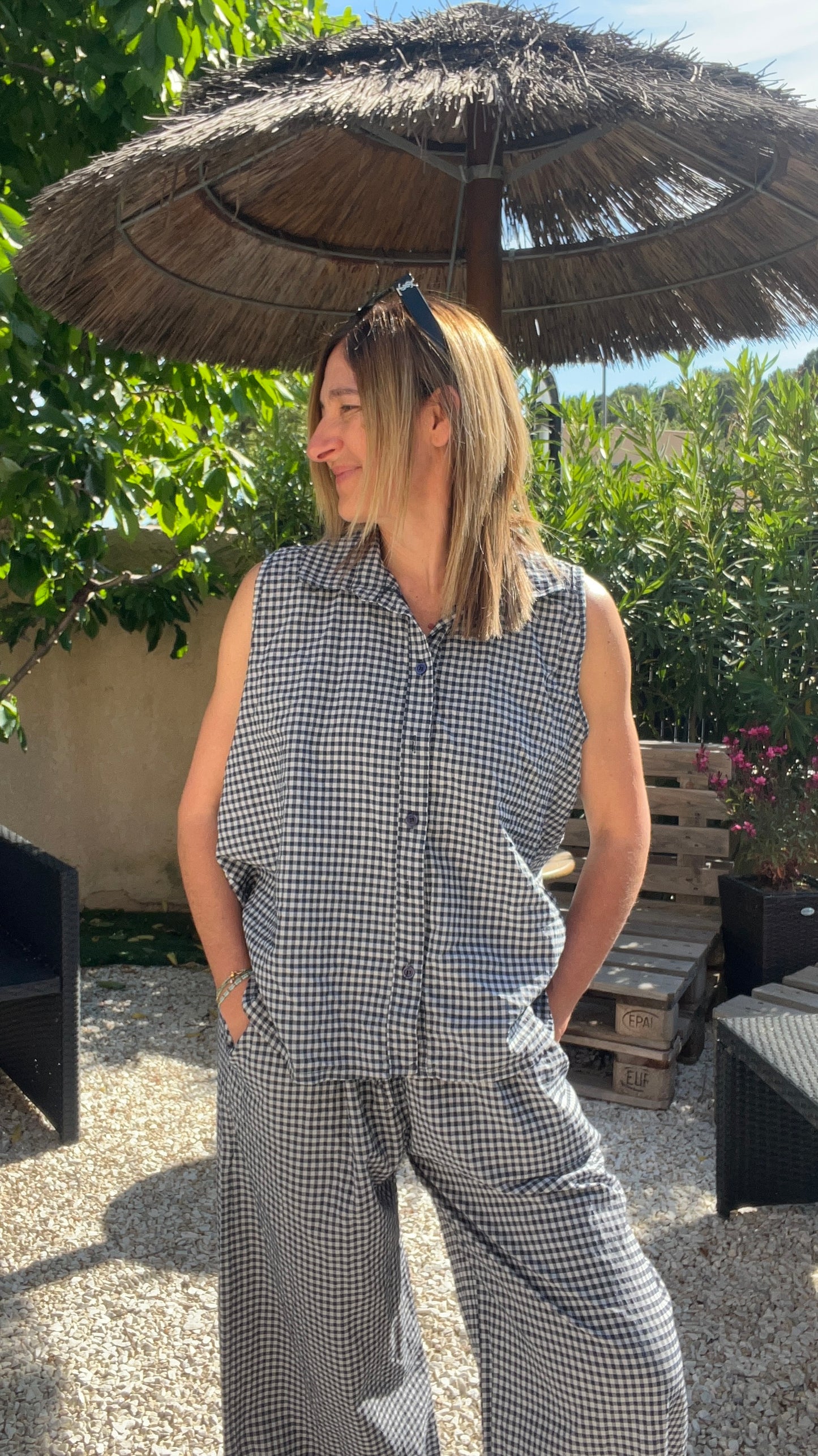 PANTALON BLEU MARINE VICHY
