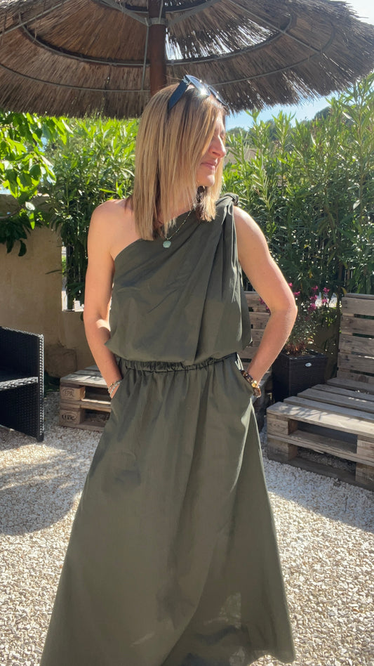 ENSEMBLE  KAKI JUPE/TOP DOS NU EN POPELINE