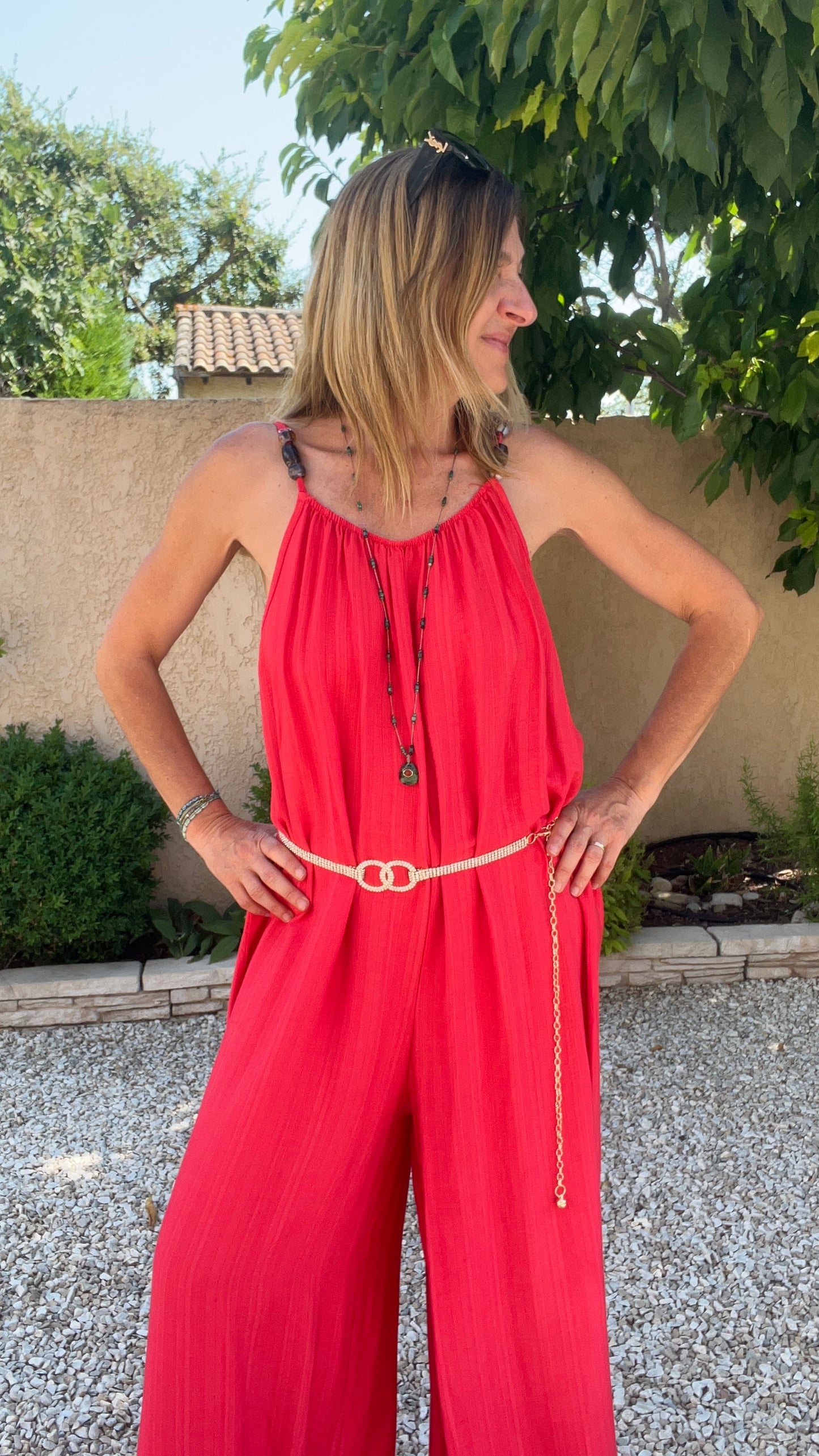 COMBINAISON PANTALON FLUIDE ROUGE/CORAIL