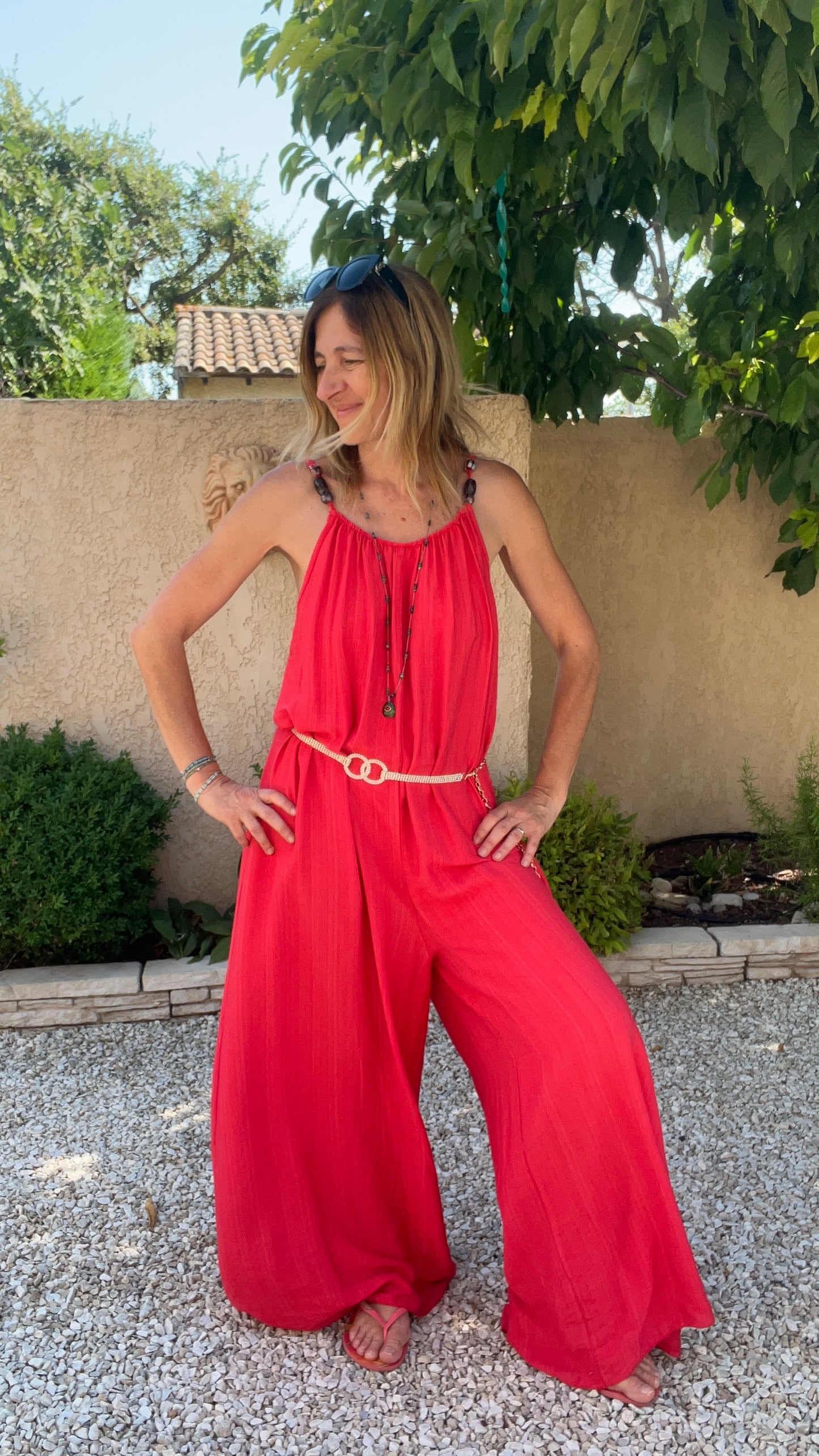 COMBINAISON PANTALON FLUIDE ROUGE/CORAIL