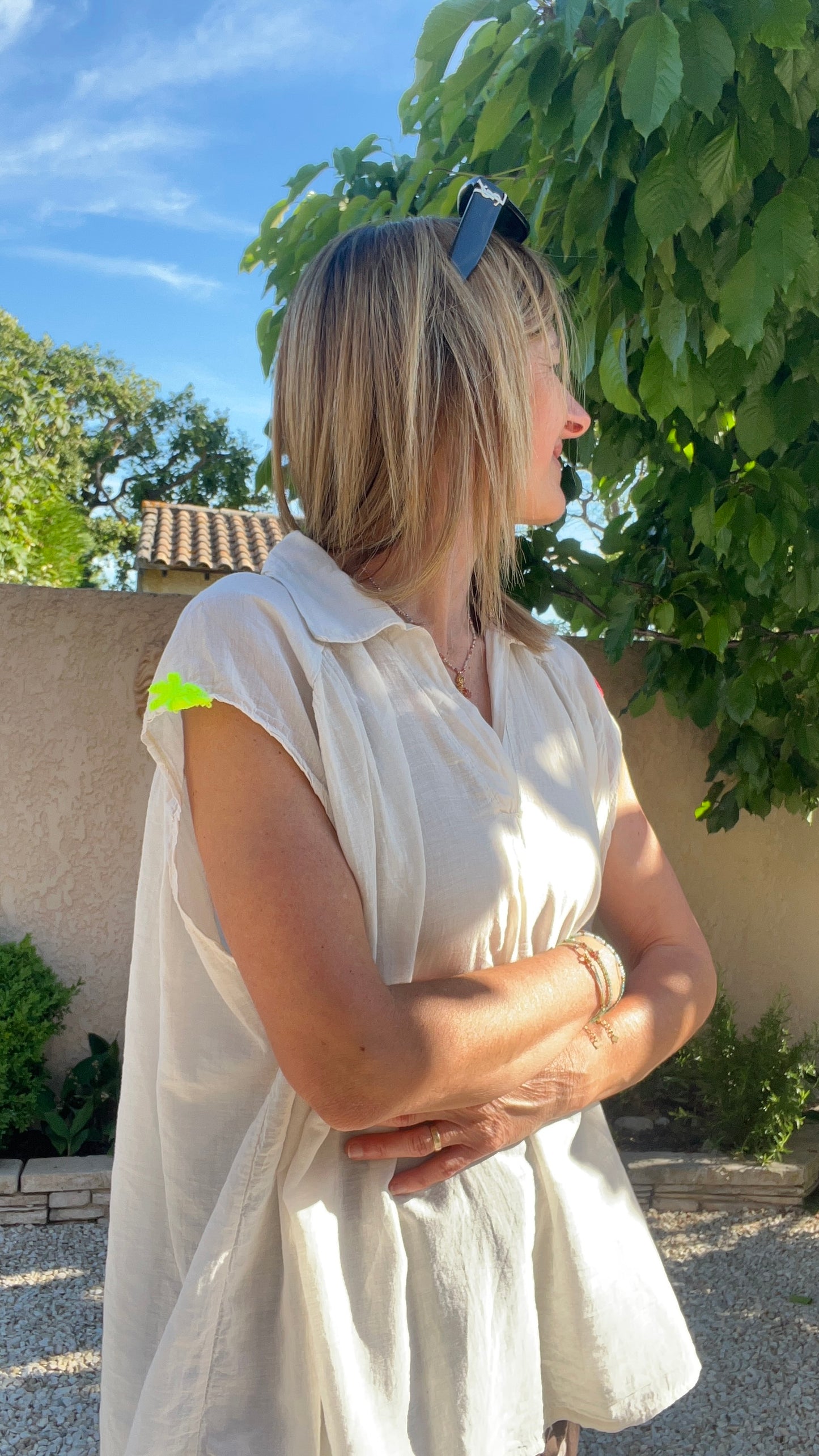 CHEMISIER BEIGE OVERSIZE PALMIERS/COEURS FLUO