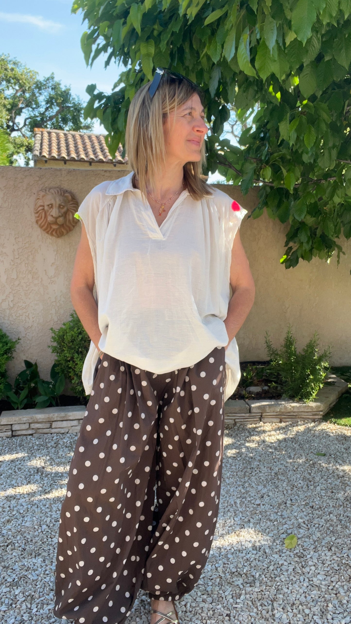 CHEMISIER BEIGE OVERSIZE PALMIERS/COEURS FLUO