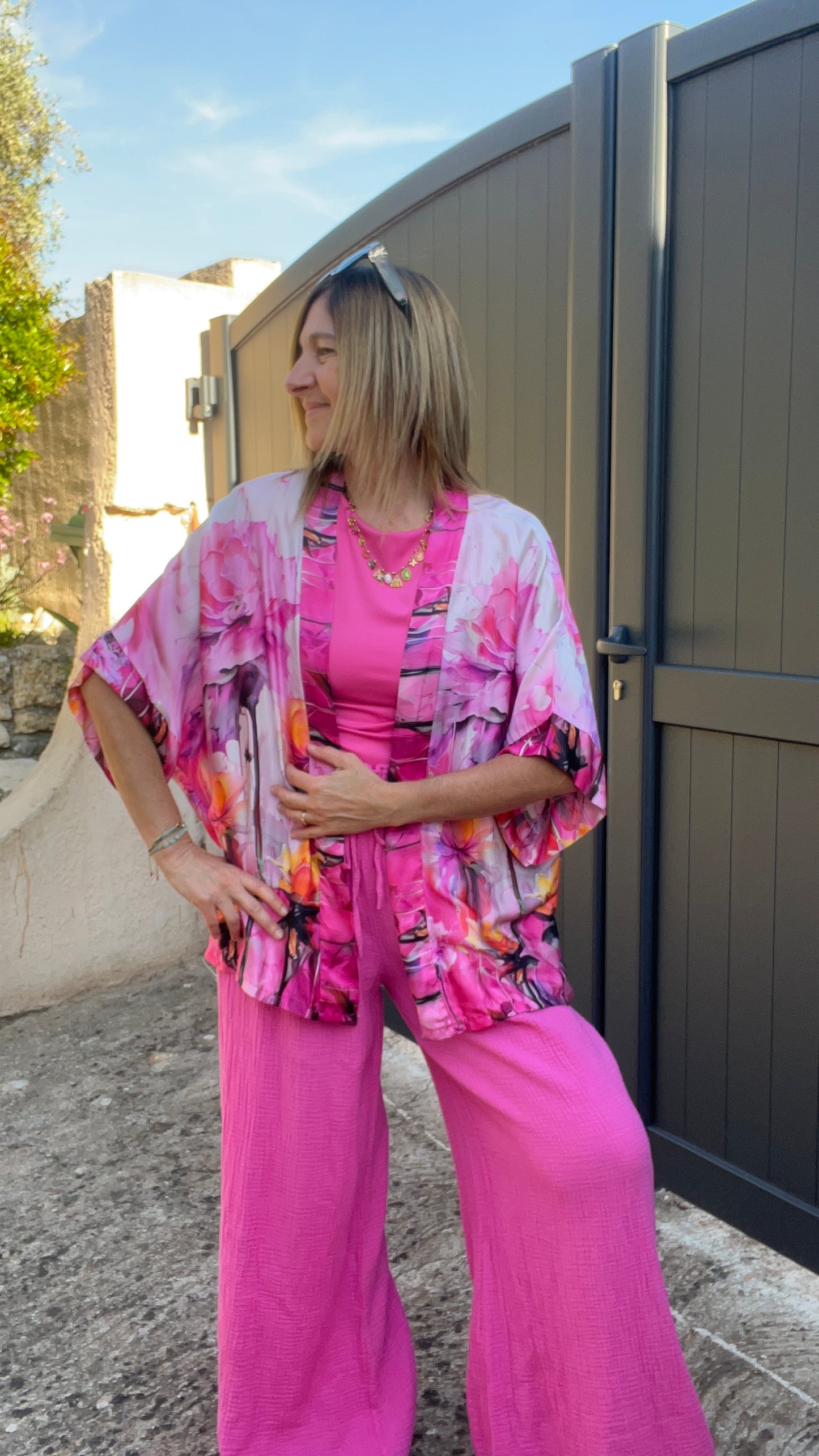 PANTALON FLUIDE ROSE FUCHSIA GAZE DE COTON