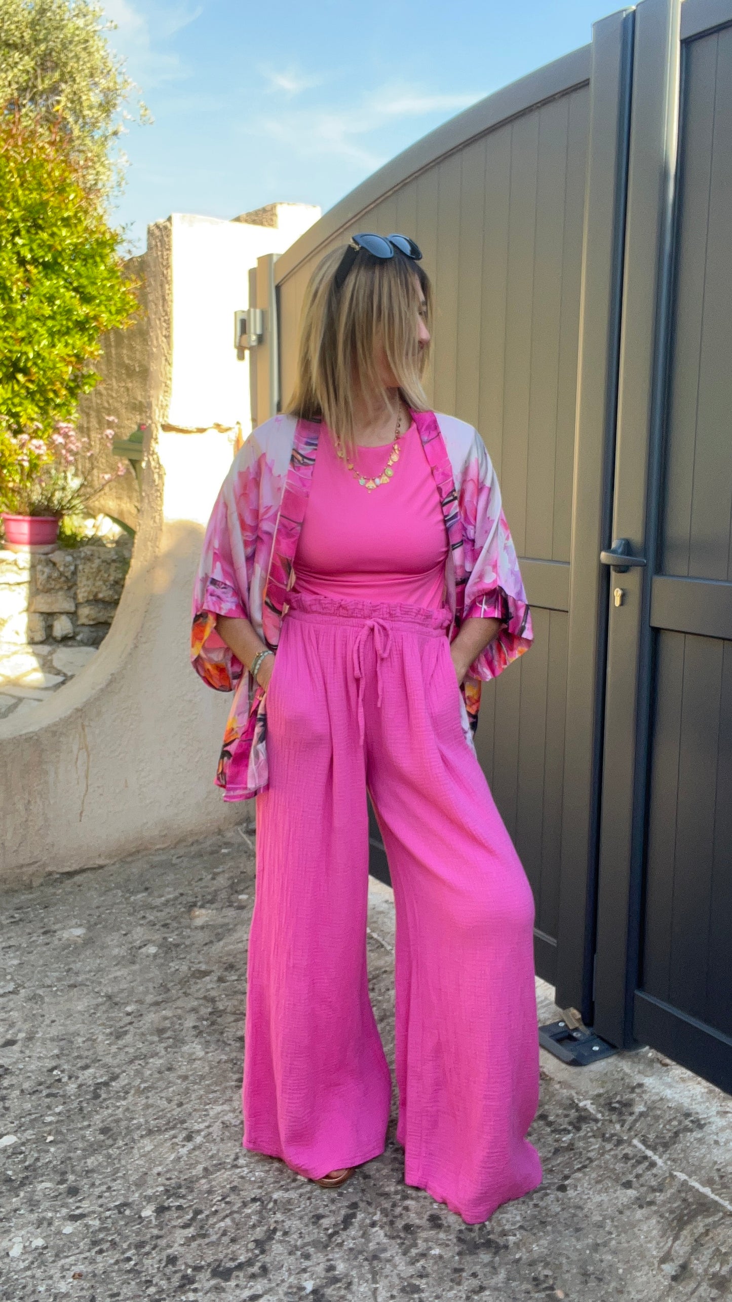 PANTALON FLUIDE ROSE FUCHSIA GAZE DE COTON