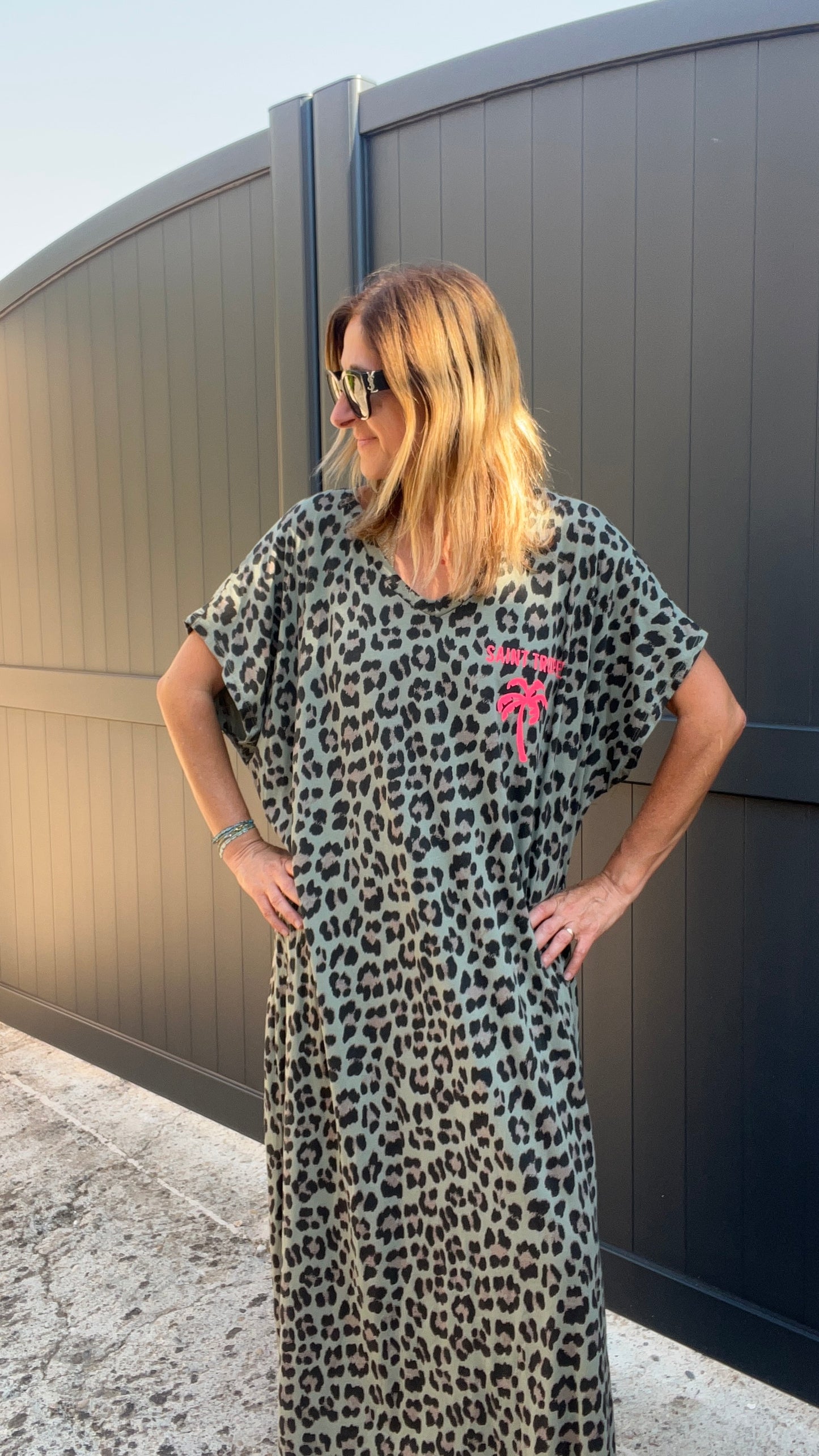ROBE LONGUE TEE SHIRT LEOPARD KAKI/NOIR/BEIGE