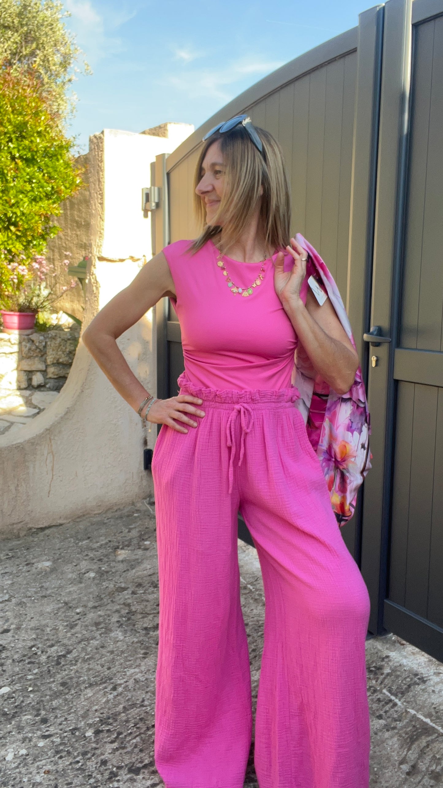 PANTALON FLUIDE ROSE FUCHSIA GAZE DE COTON