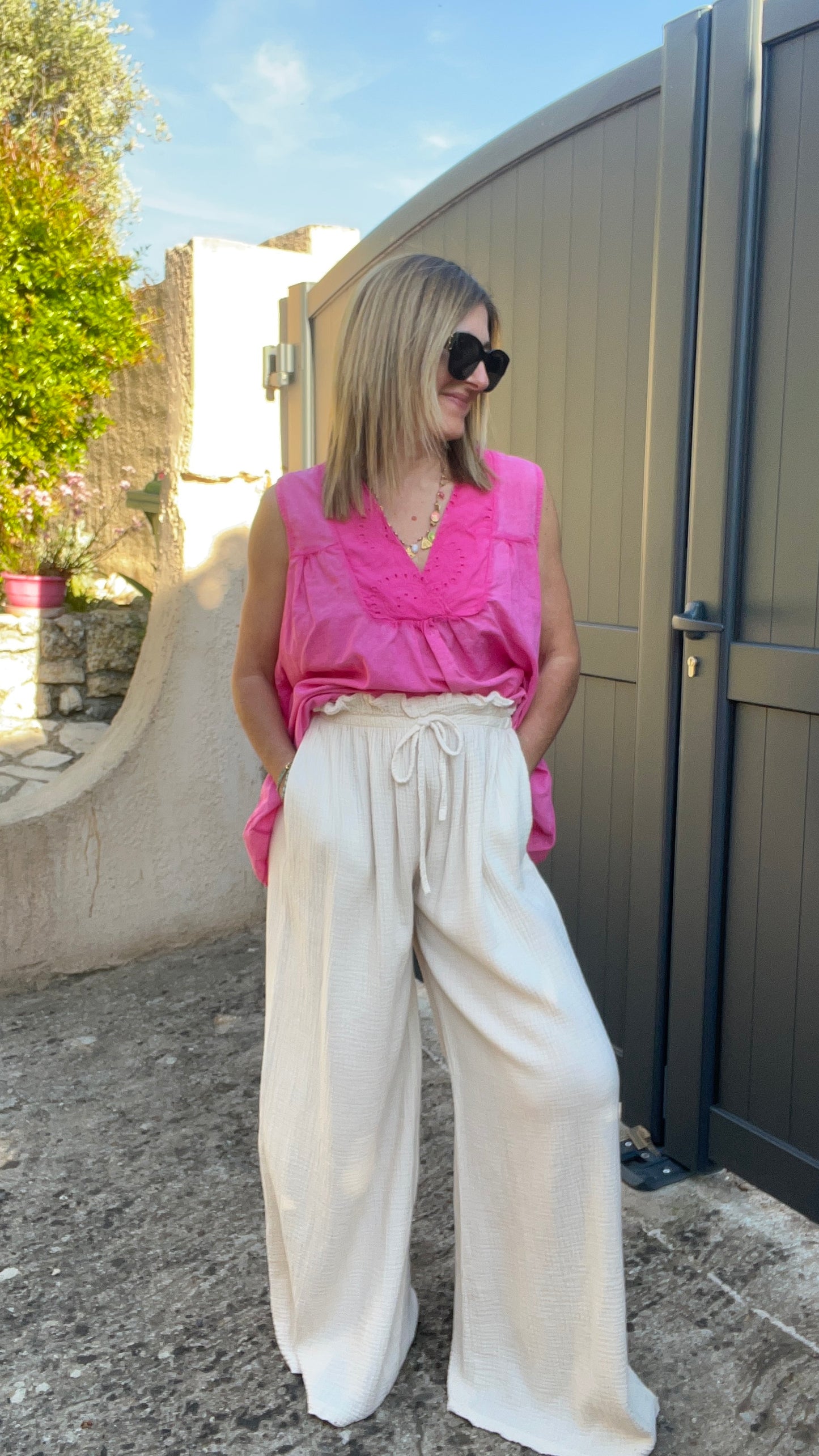 PANTALON FLUIDE BEIGE GAZE DE COTON