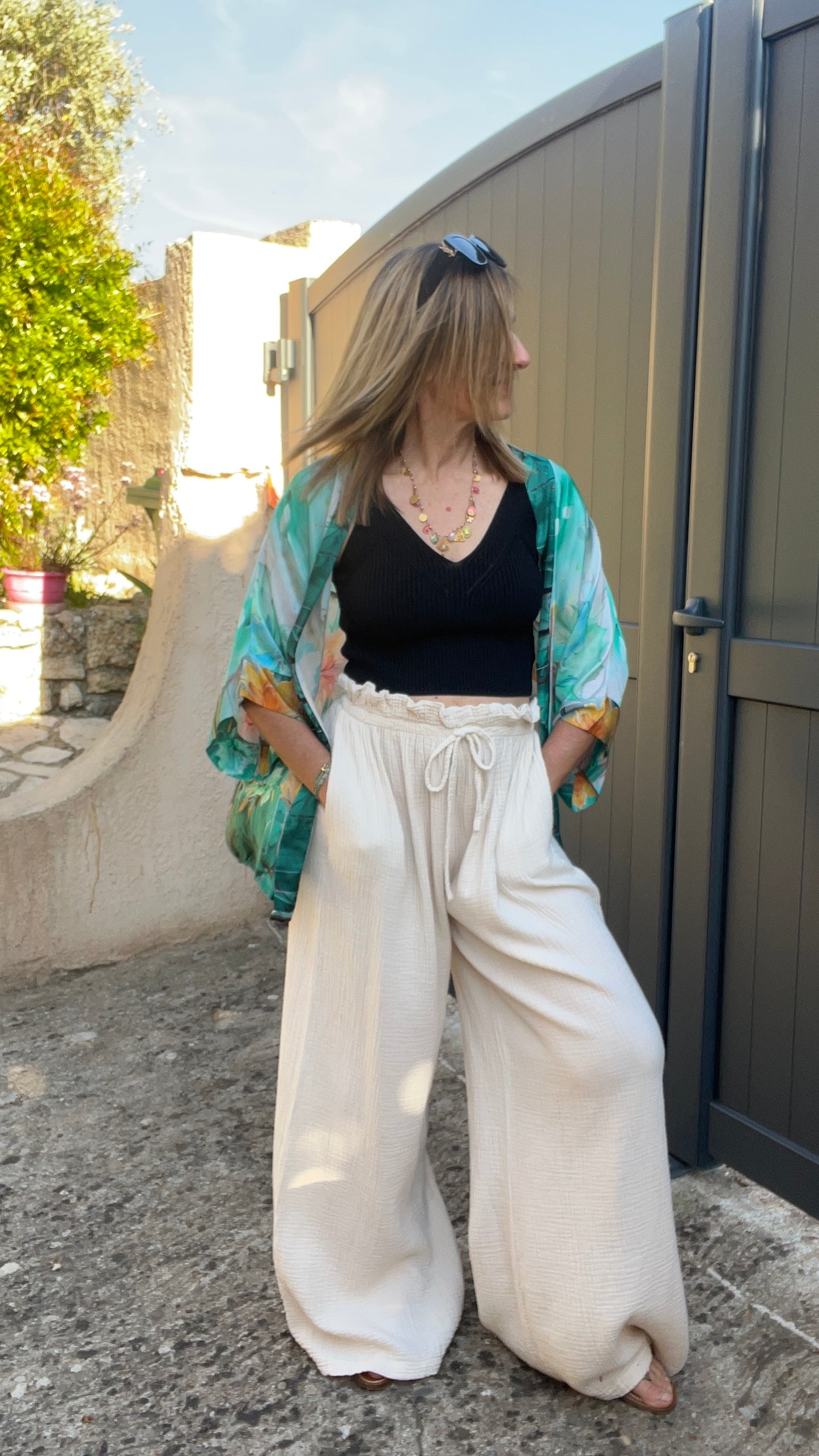 PANTALON FLUIDE BEIGE GAZE DE COTON