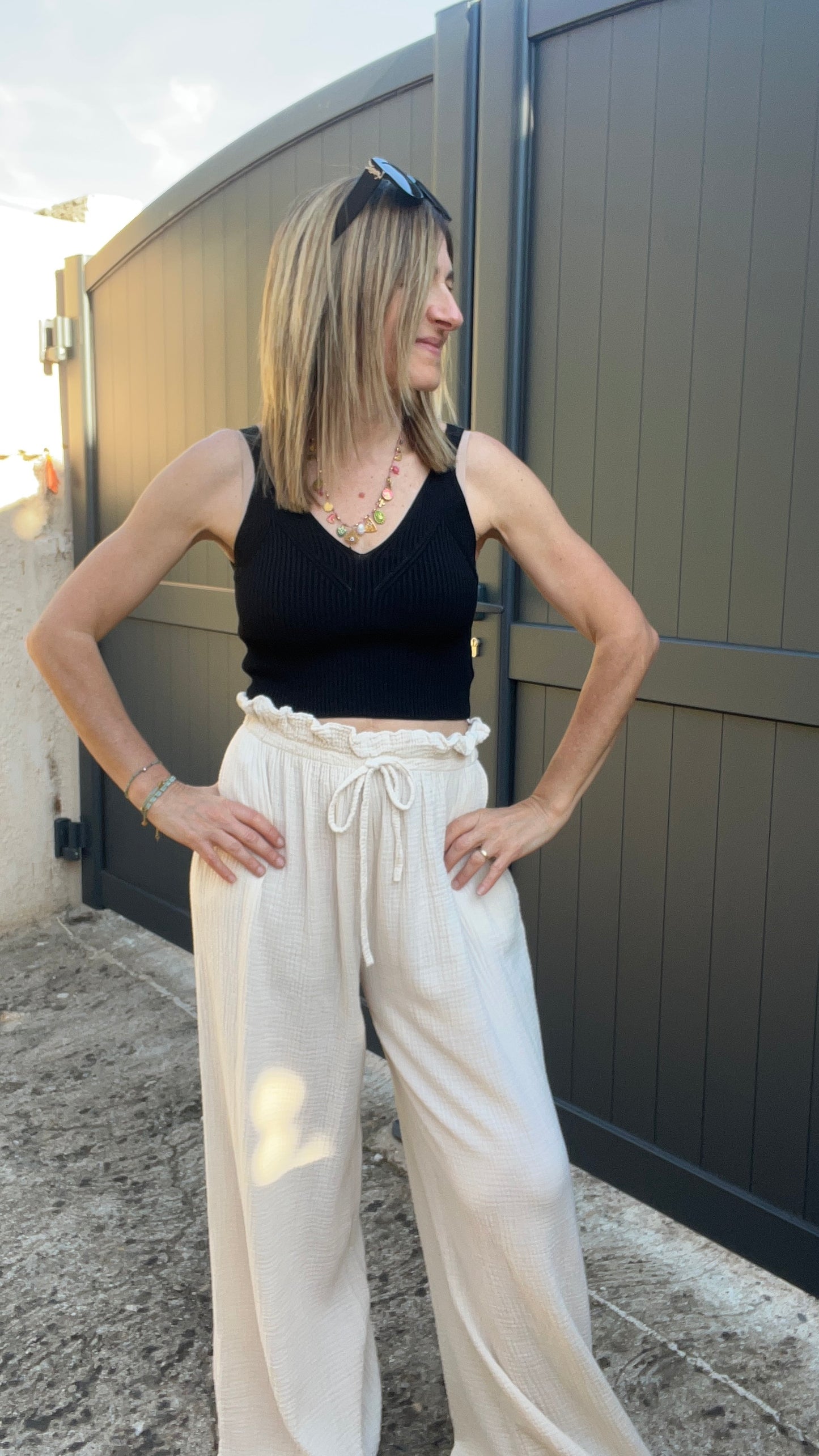 PANTALON FLUIDE BEIGE GAZE DE COTON