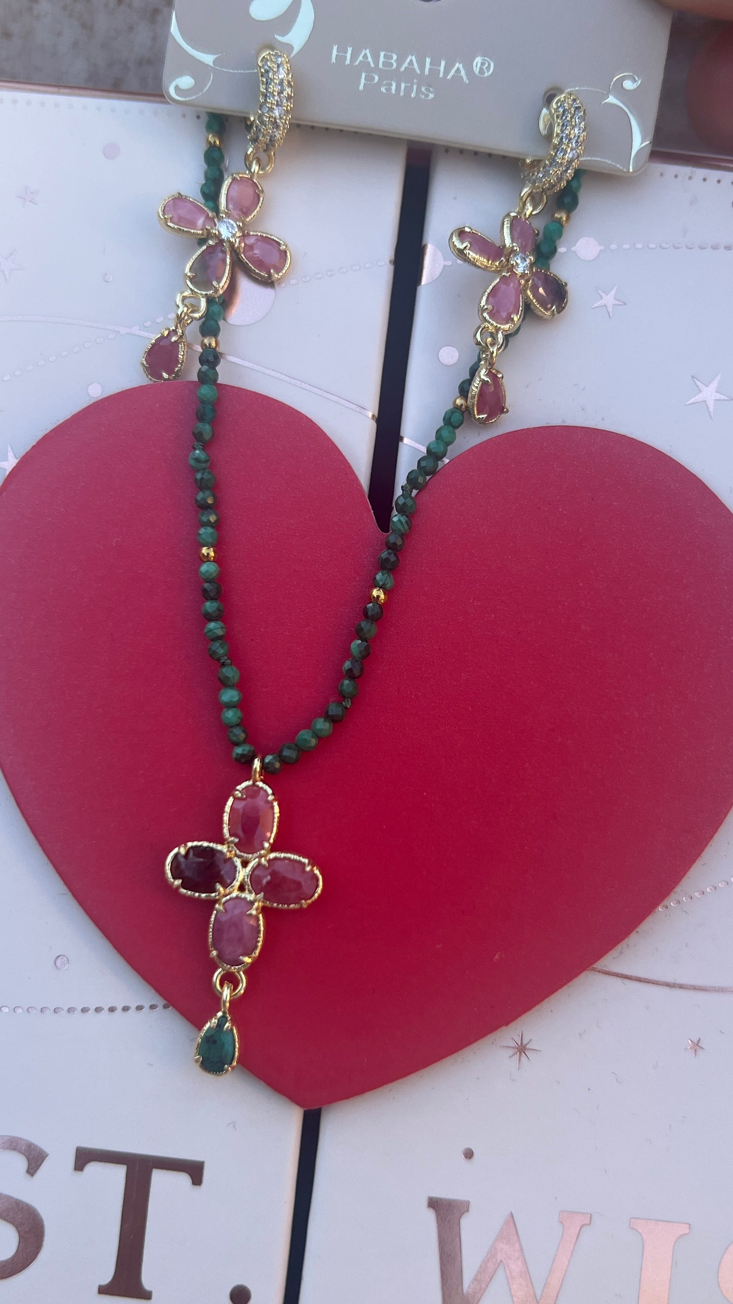 COLLIER VERT & PIERRE PRECIEUSE ROSE "HABAHA"