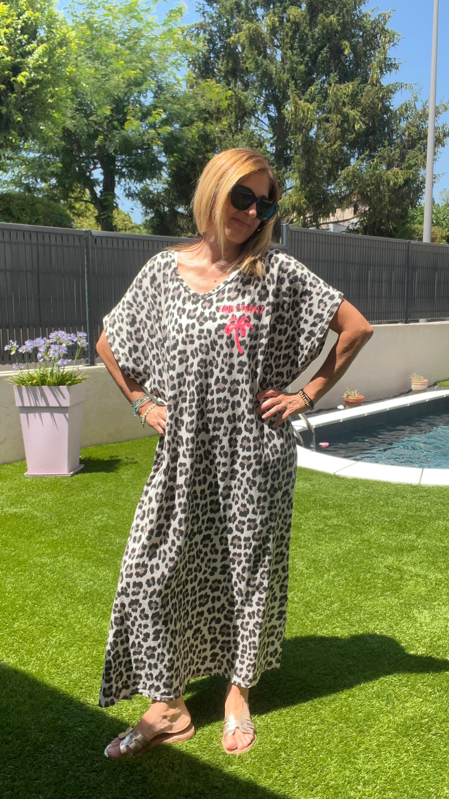 ROBE LONGUE TEE SHIRT LEOPARD BEIGE/NOIR SAINT-TROPEZ