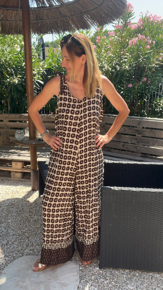 COMBINAISON PANTALON FLUIDE FLEURI BEIGE/CHOCOLAT