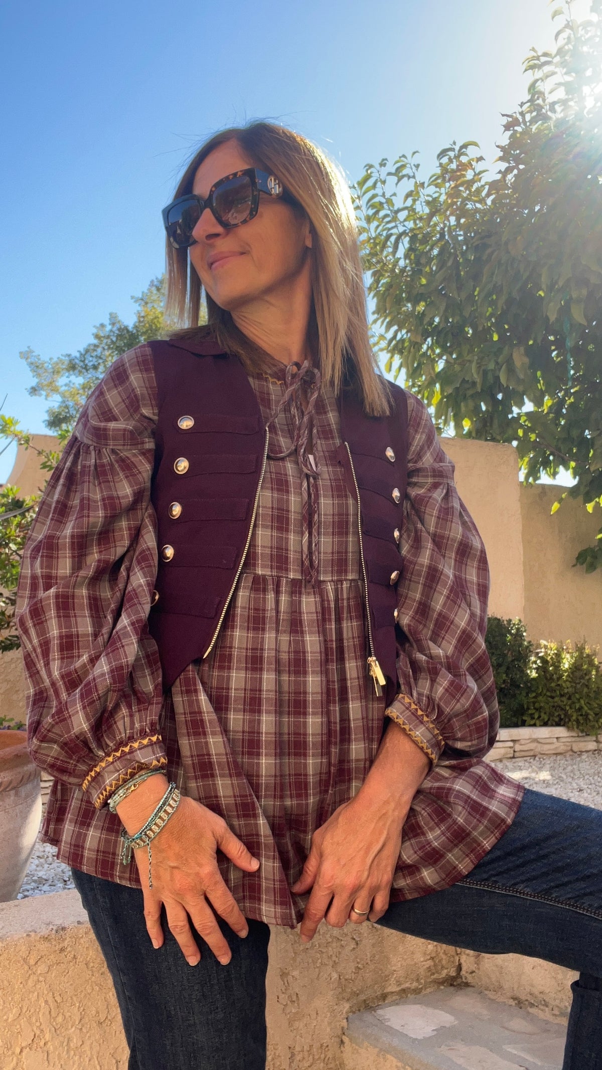 CHEMISIER A CARREAUX BORDEAUX/TAUPE OVERSIZE "GIOYA"