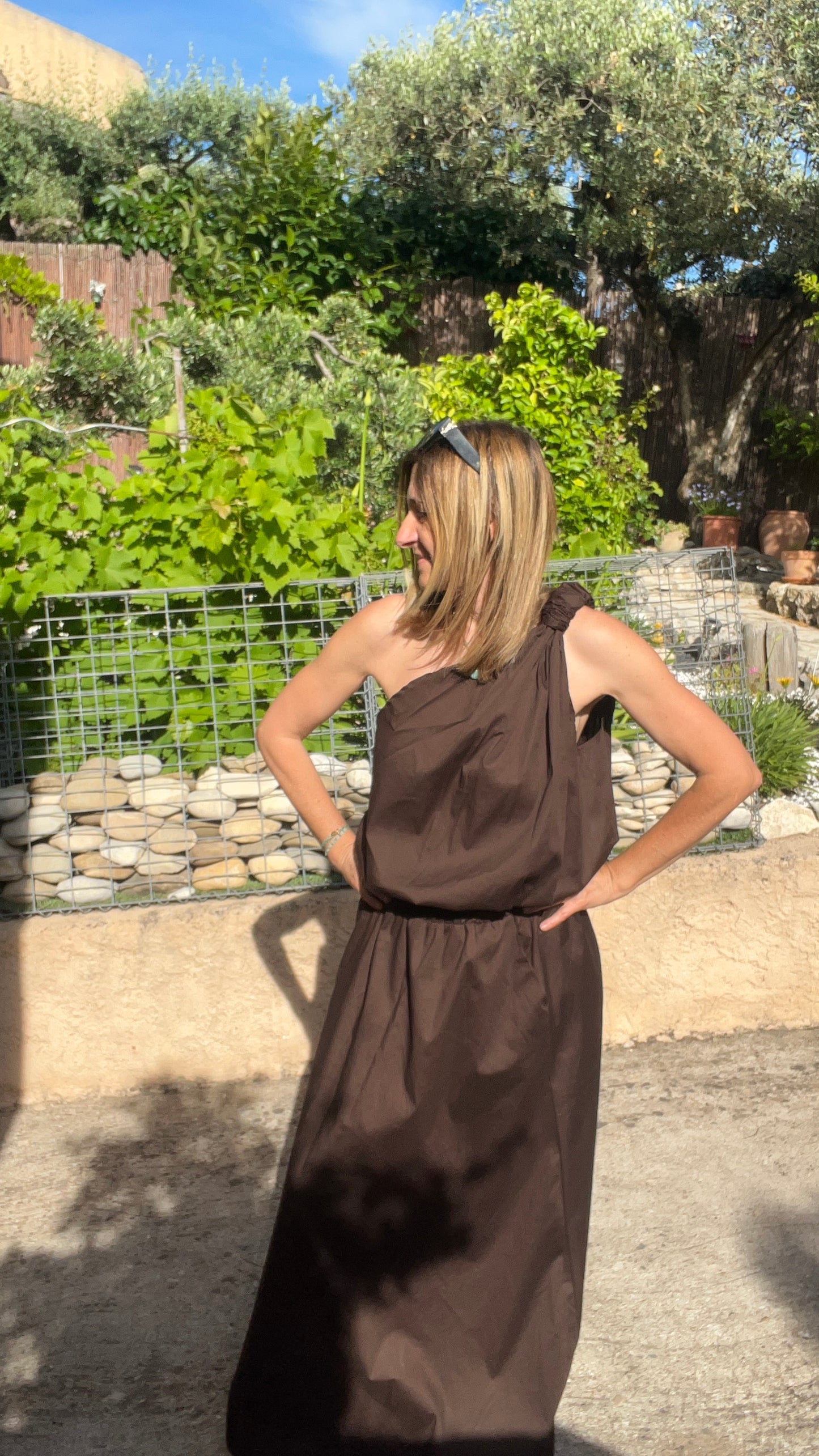 ENSEMBLE  CHOCOLAT JUPE/TOP DOS NU EN POPELINE