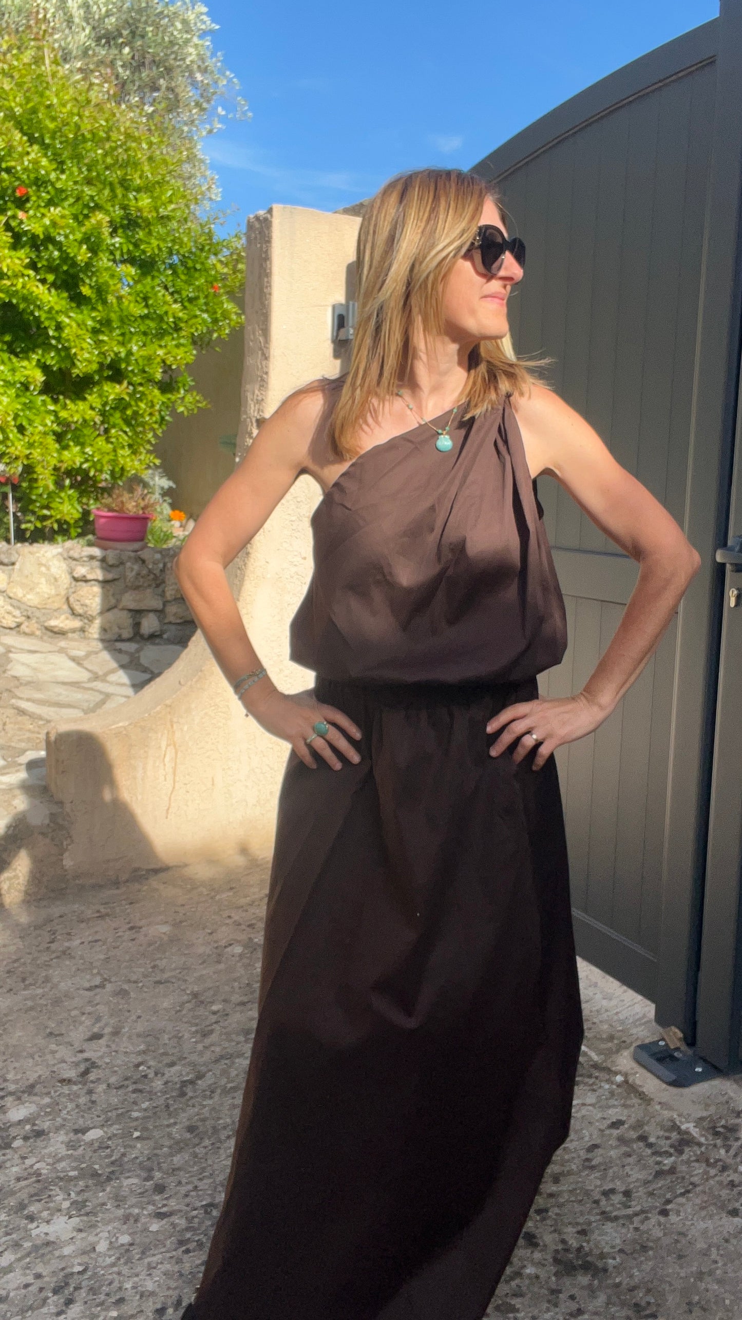 ENSEMBLE  CHOCOLAT JUPE/TOP DOS NU EN POPELINE