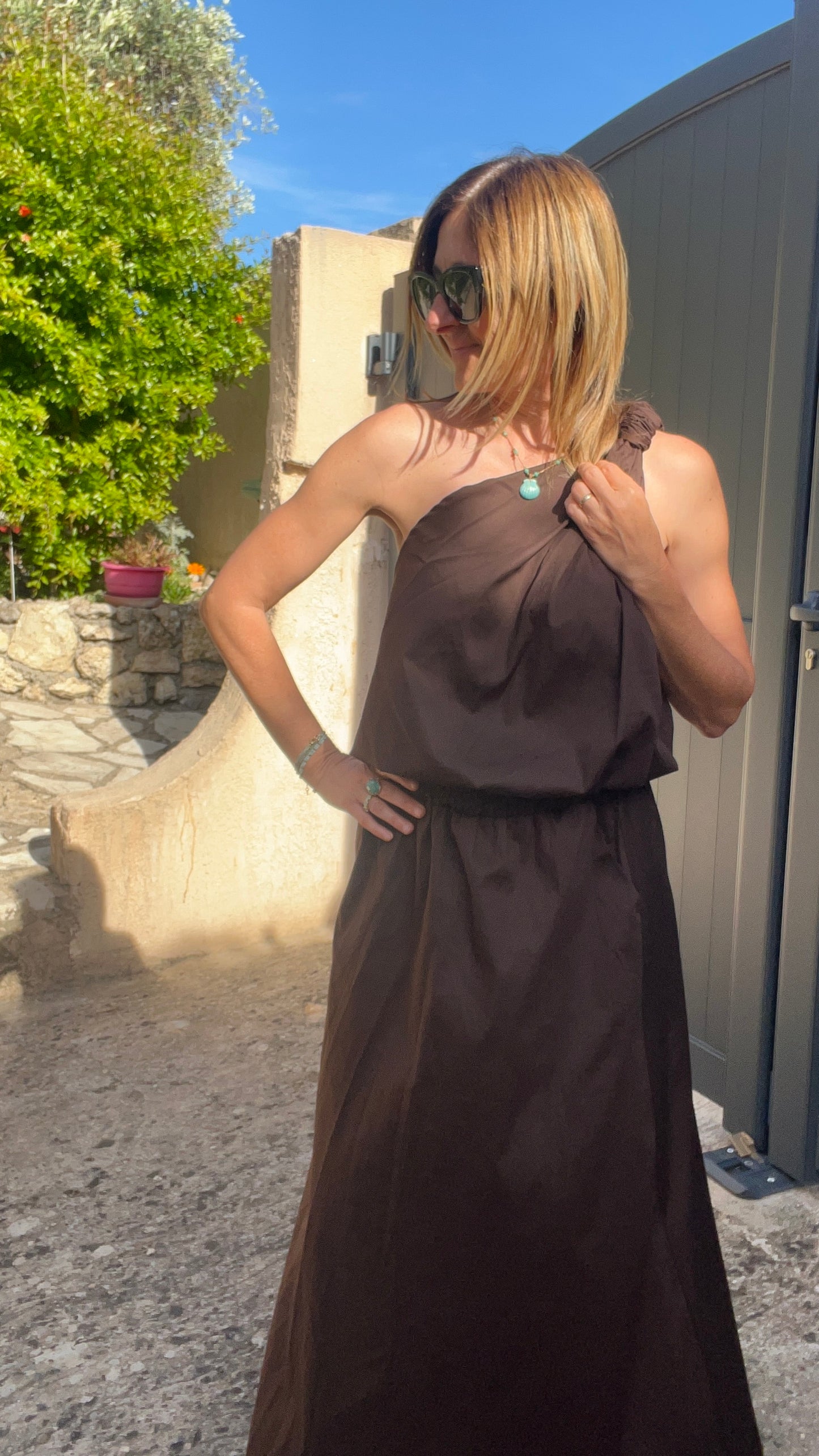 ENSEMBLE  CHOCOLAT JUPE/TOP DOS NU EN POPELINE