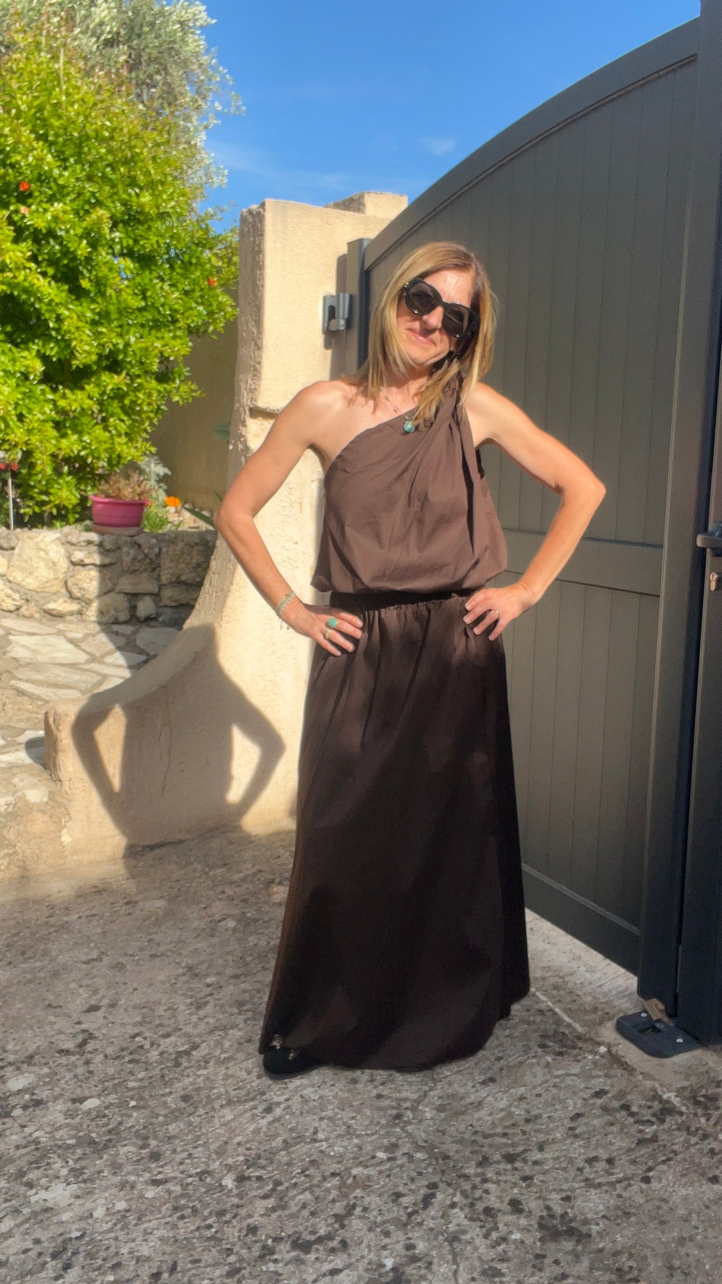 ENSEMBLE  CHOCOLAT JUPE/TOP DOS NU EN POPELINE