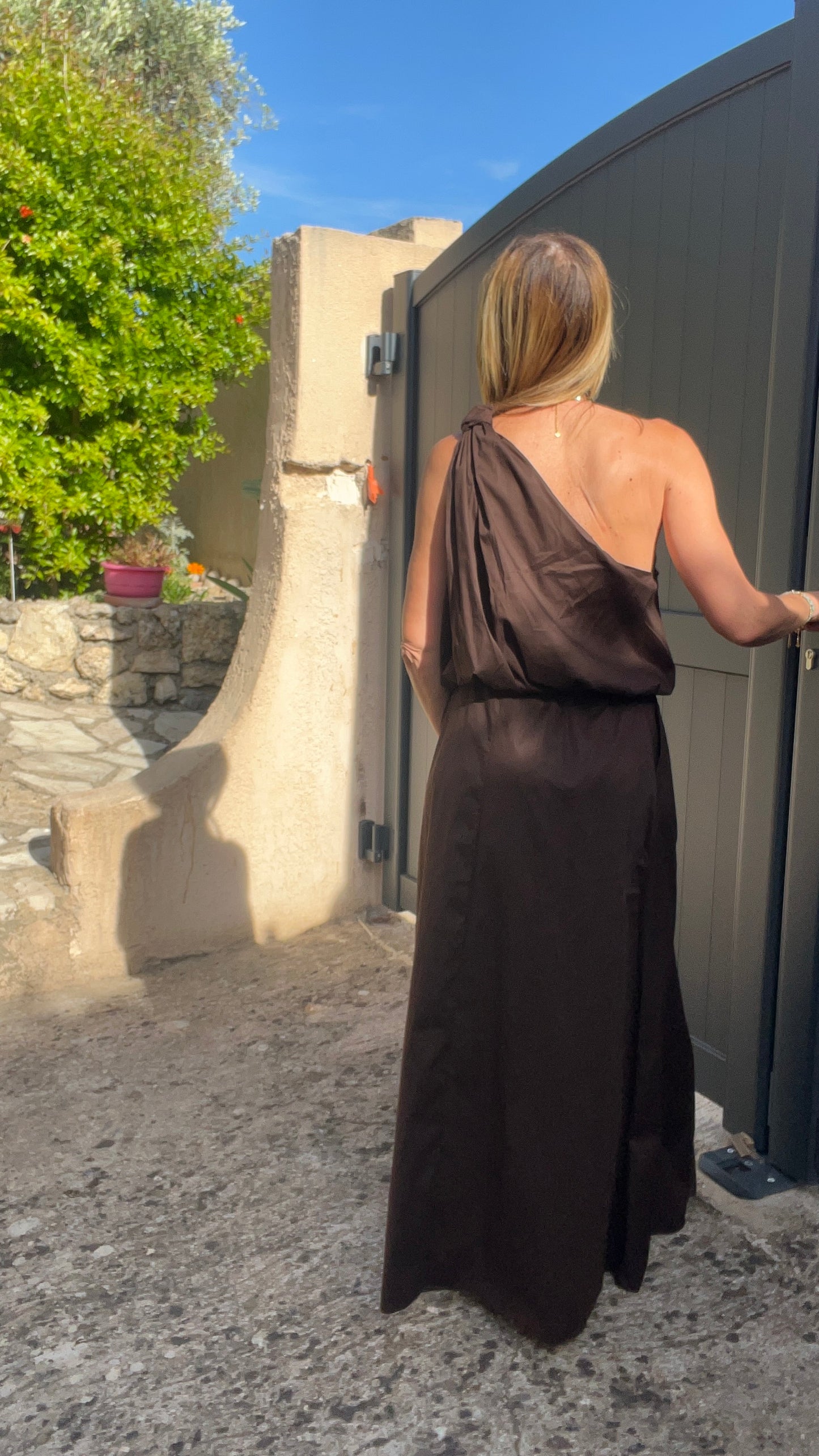 ENSEMBLE  CHOCOLAT JUPE/TOP DOS NU EN POPELINE
