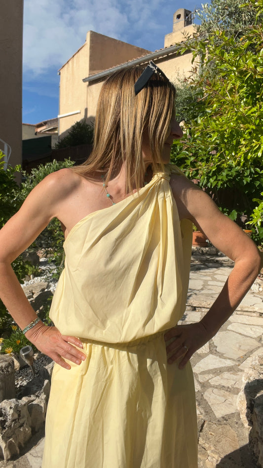 ENSEMBLE  JAUNE JUPE/TOP DOS NU EN POPELINE