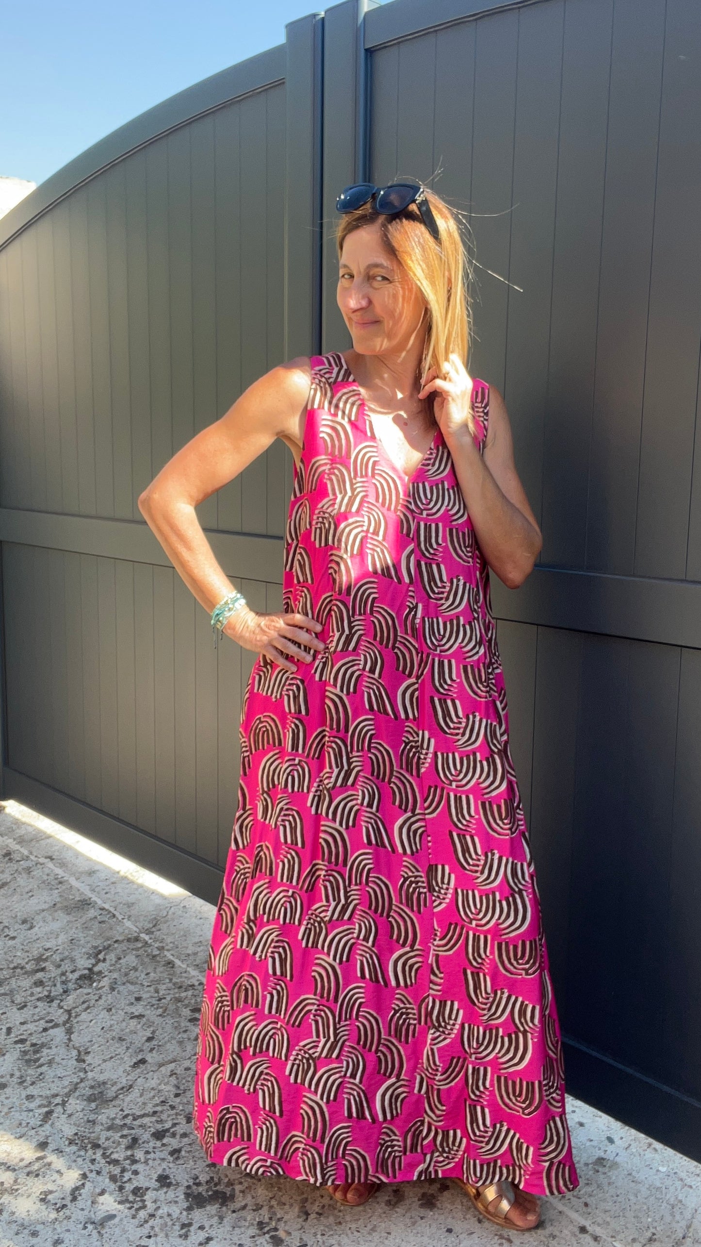 ROBE LONGUE ROSE FUCHSIA/MARRON/BEIGE "SOLEIL ROSE"