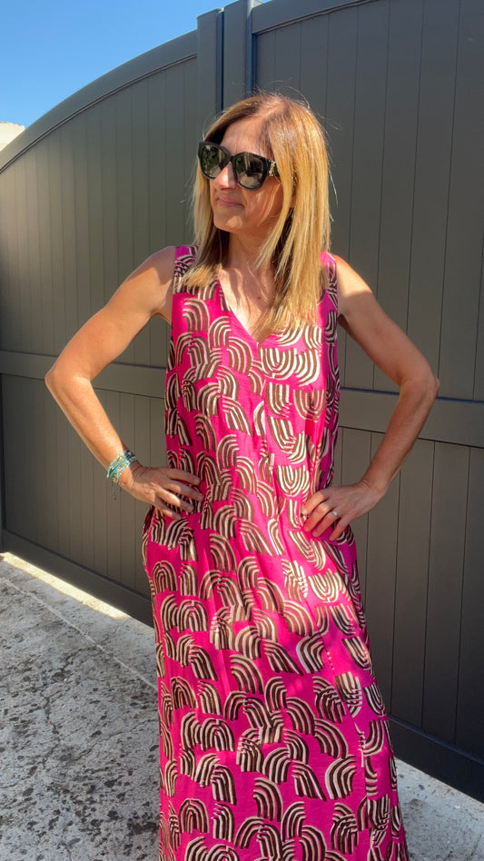 ROBE LONGUE ROSE FUCHSIA/MARRON/BEIGE "SOLEIL ROSE"