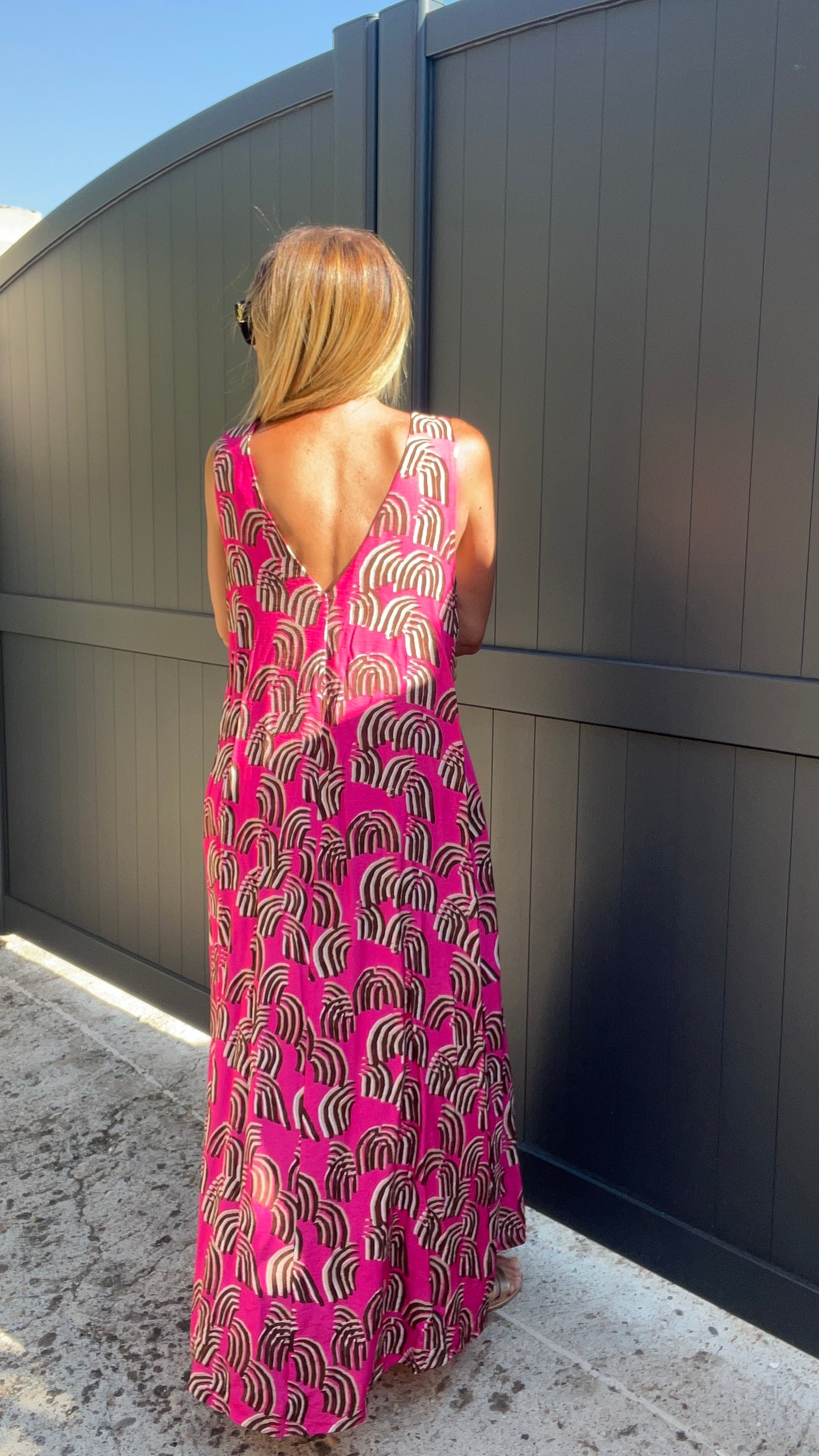 ROBE LONGUE ROSE FUCHSIA/MARRON/BEIGE "SOLEIL ROSE"