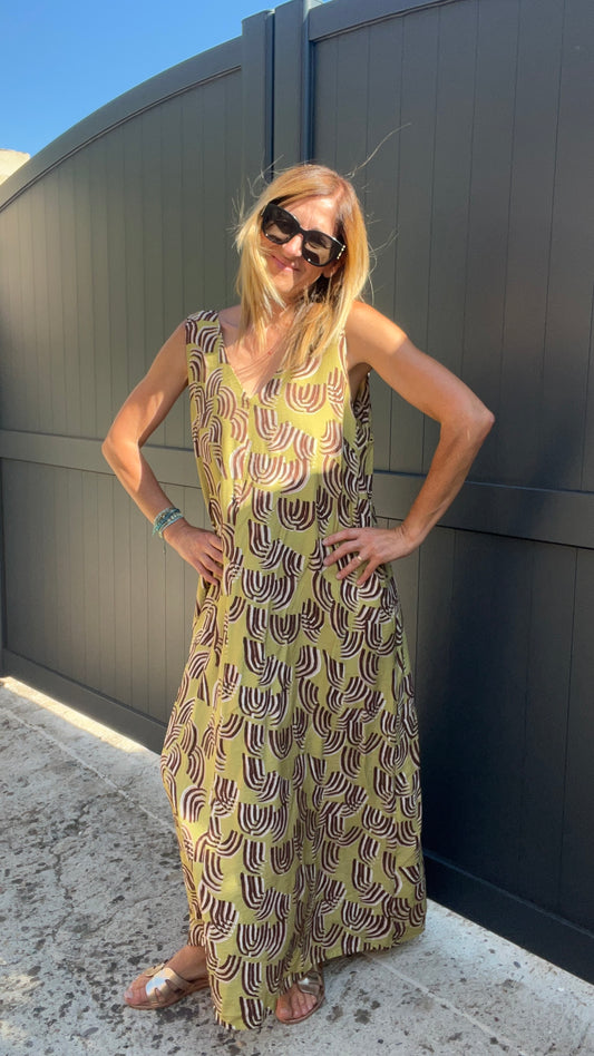 ROBE LONGUE VERT ANIS/MARRON/BEIGE "SOLEIL VERT ANIS"