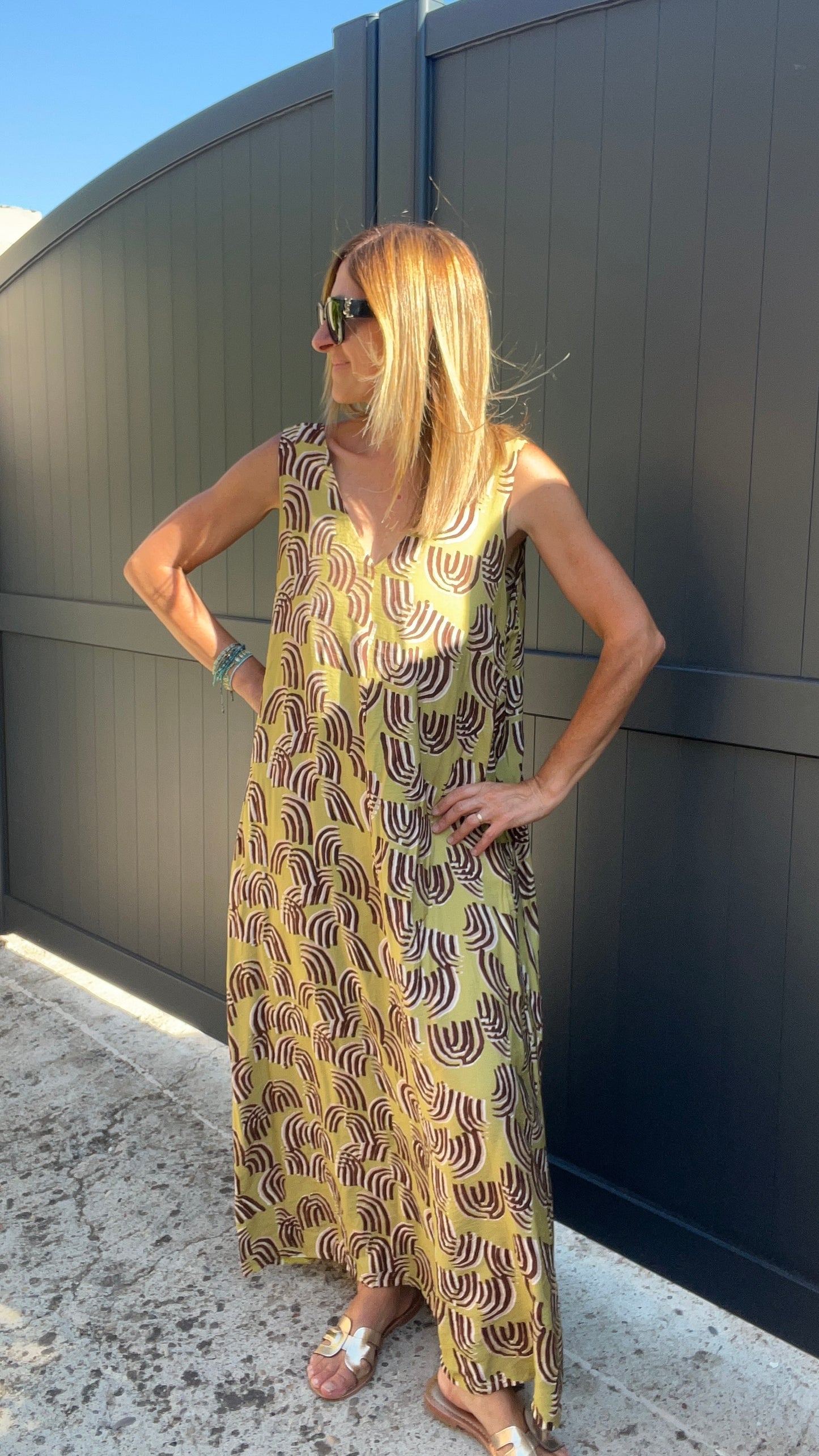 ROBE LONGUE VERT ANIS/MARRON/BEIGE "SOLEIL VERT ANIS"